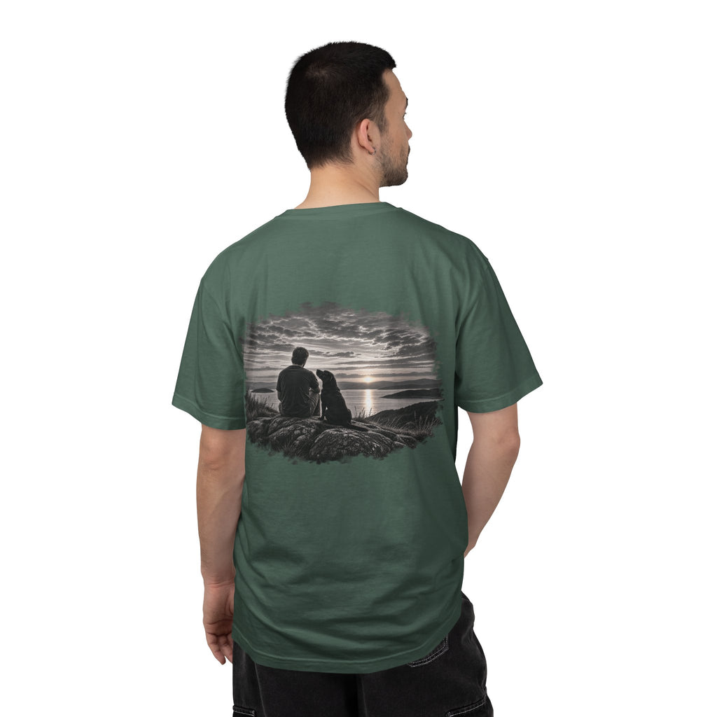 Man wearing MiSQue The Horizon Labrador T-shirt back view in green