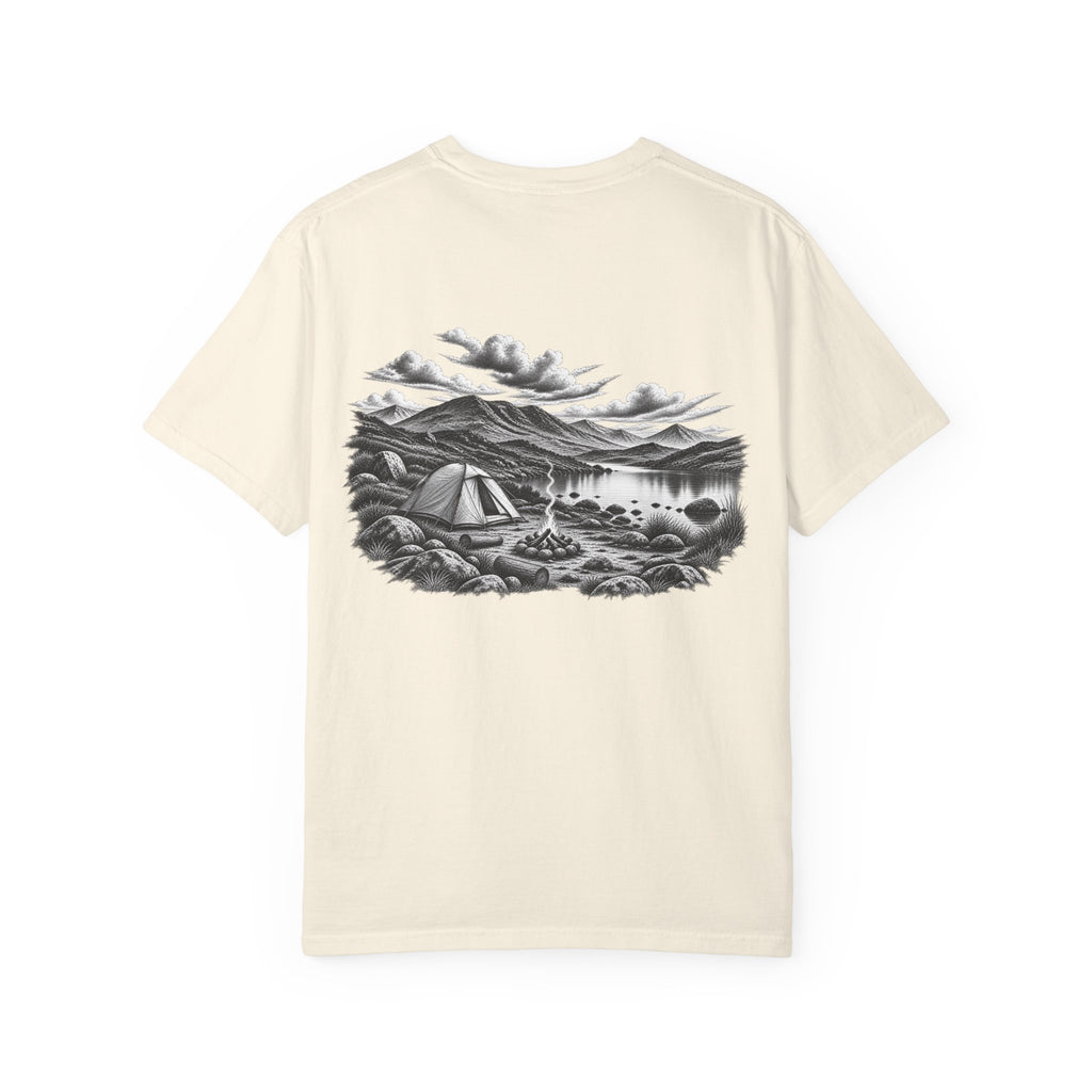 MiSQue The Camp T-shirt with lakeside camping artwork