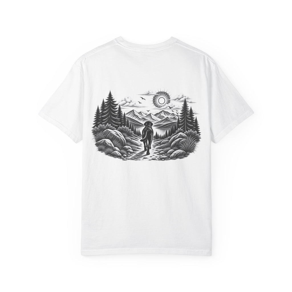 MiSQue The Path Labrador T-shirt with dog walking along a mountain trail