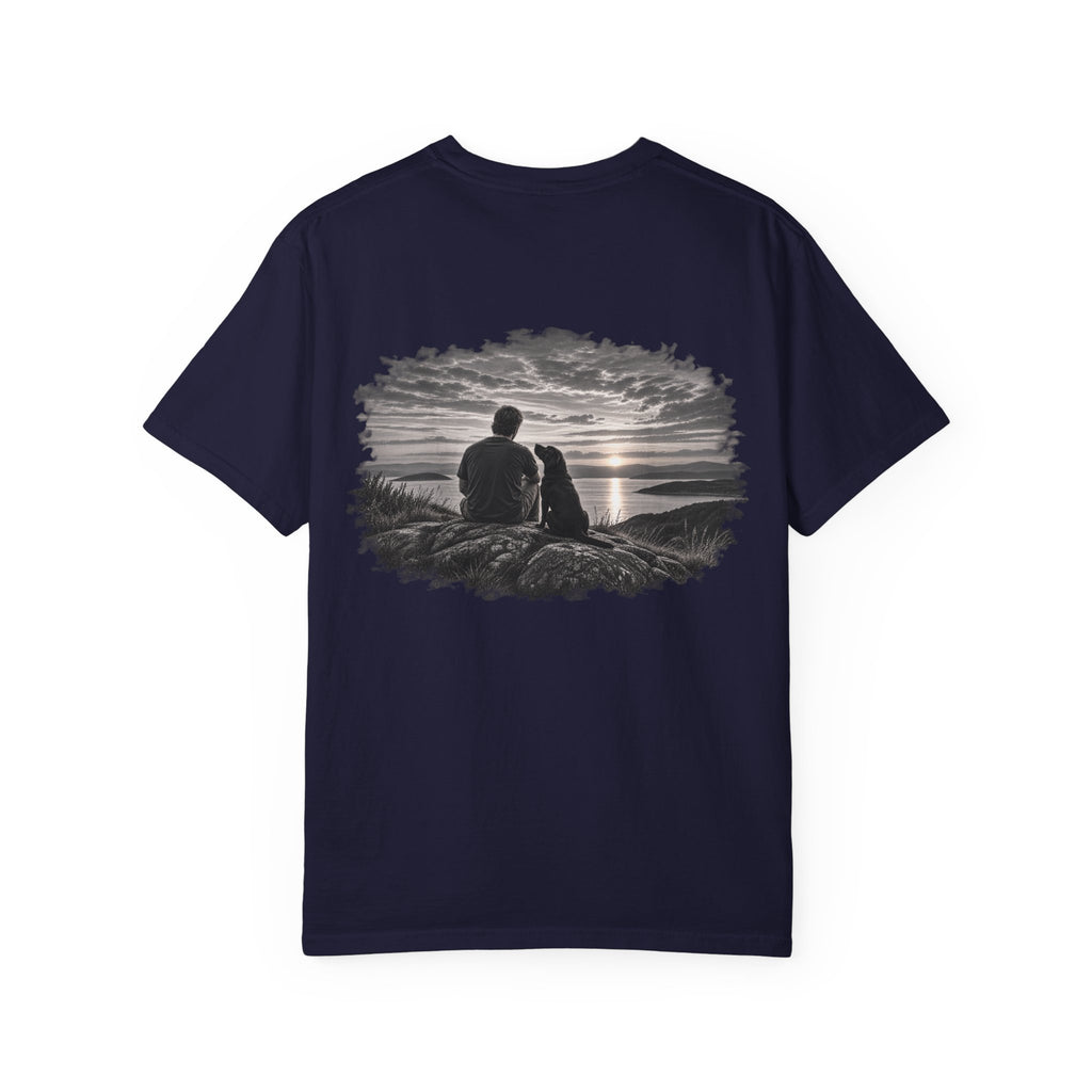 MiSQue The Horizon Labrador T-shirt with man and dog sunset artwork