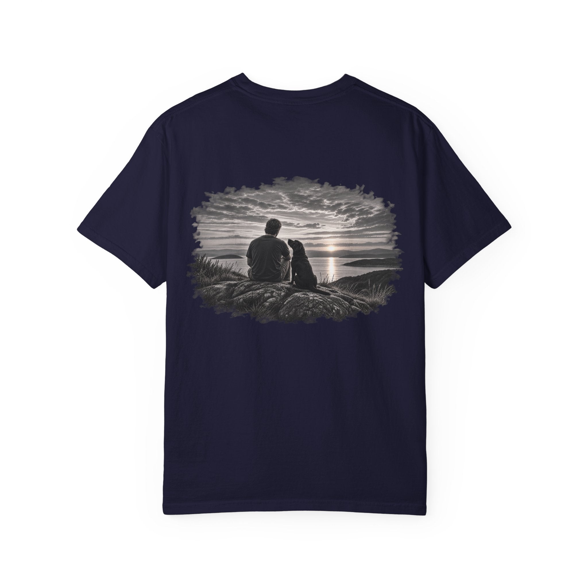MiSQue The Horizon Labrador T-shirt with man and dog sunset artwork