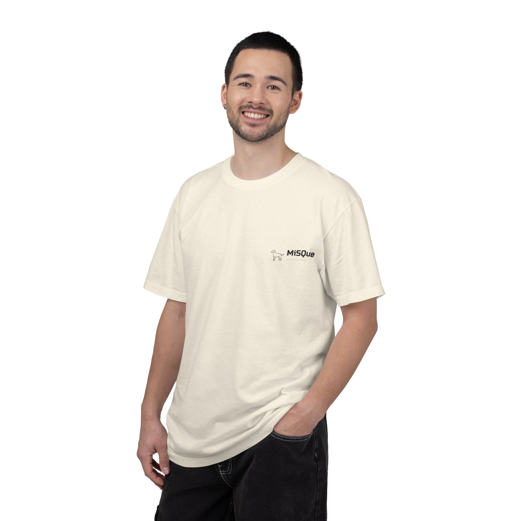 Man wearing MiSQue The Wanderer T-shirt in ivory