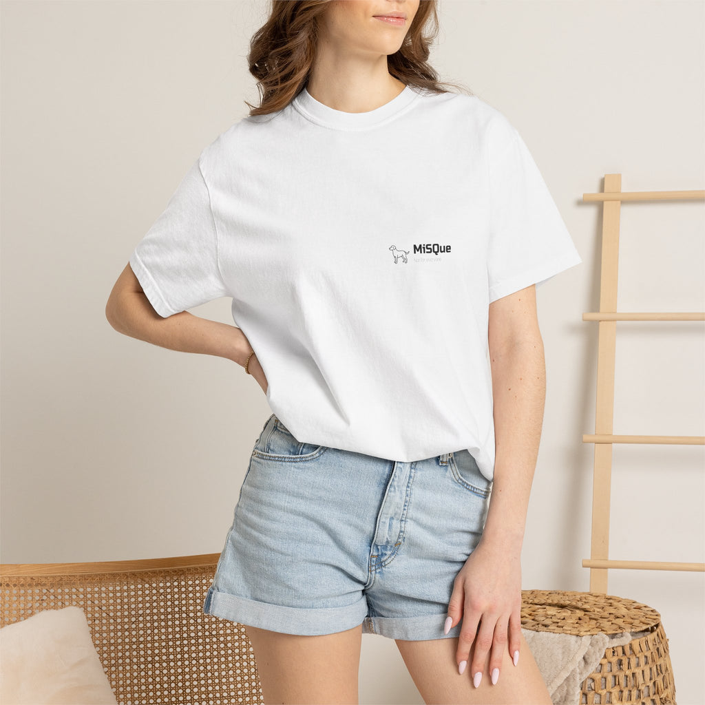Woman wearing white MiSQue The Original Labrador T-Shirt with subtle chest logo