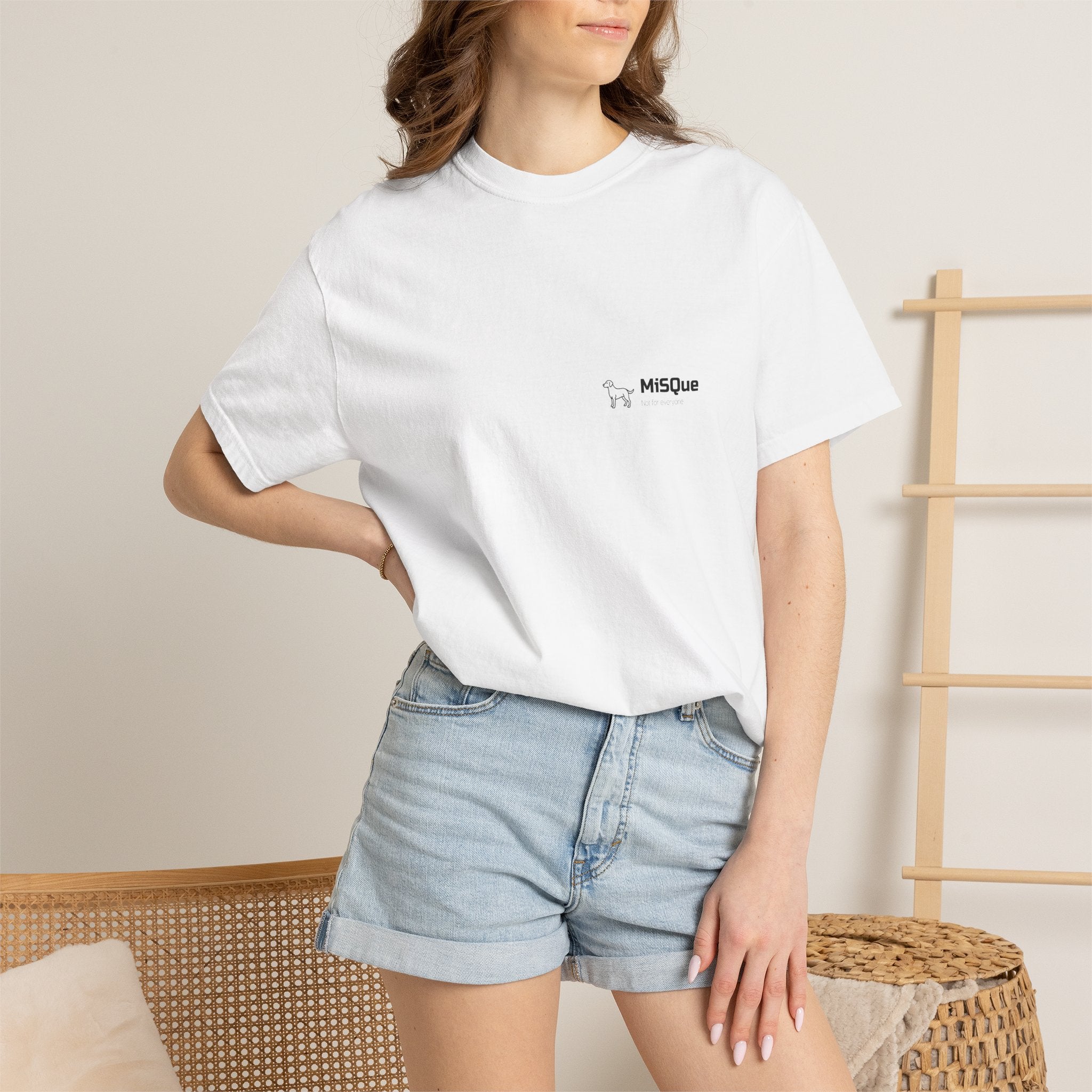 Woman wearing white MiSQue The Original Labrador T-Shirt with subtle chest logo