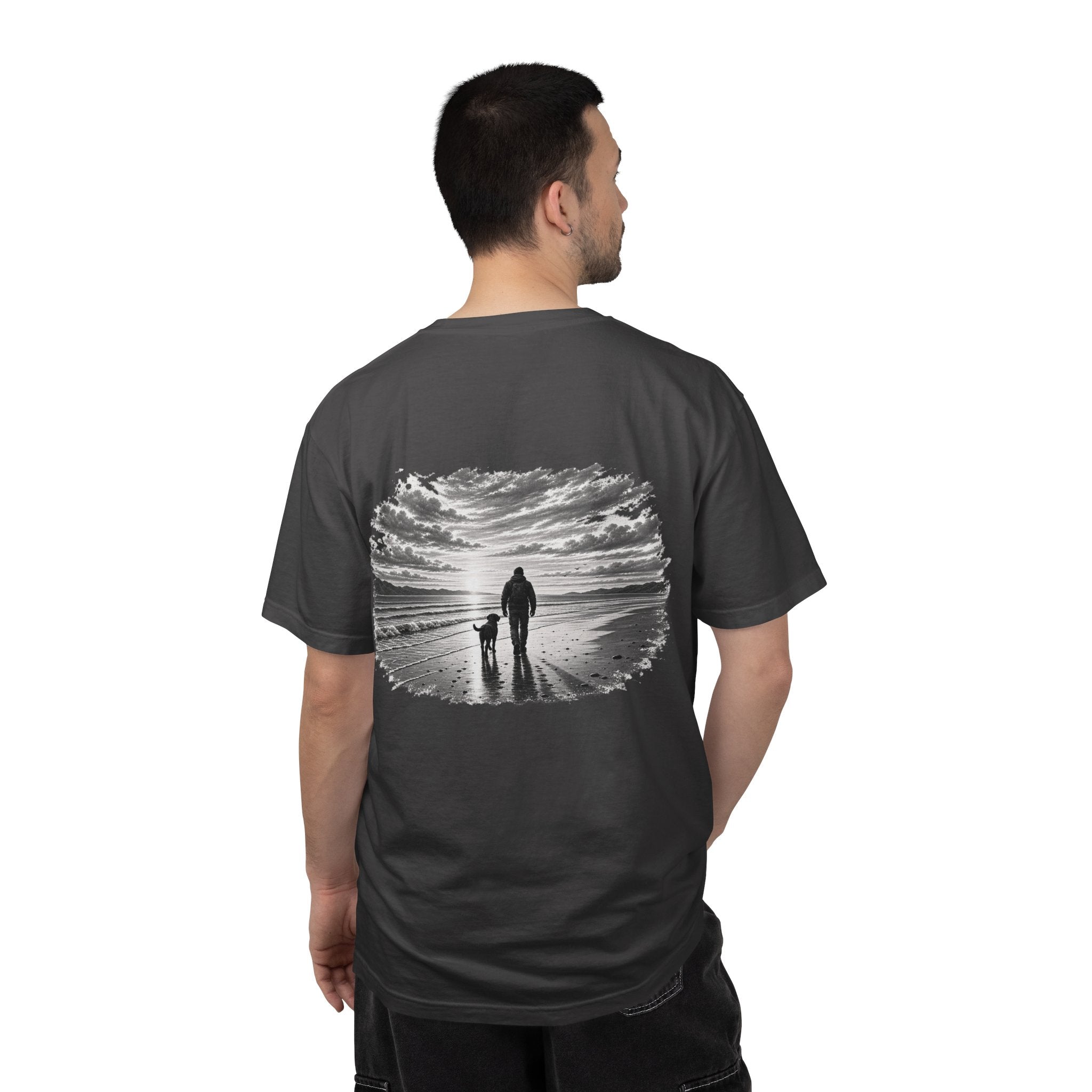 Man wearing MiSQue Open Horizon Labrador T-shirt back view