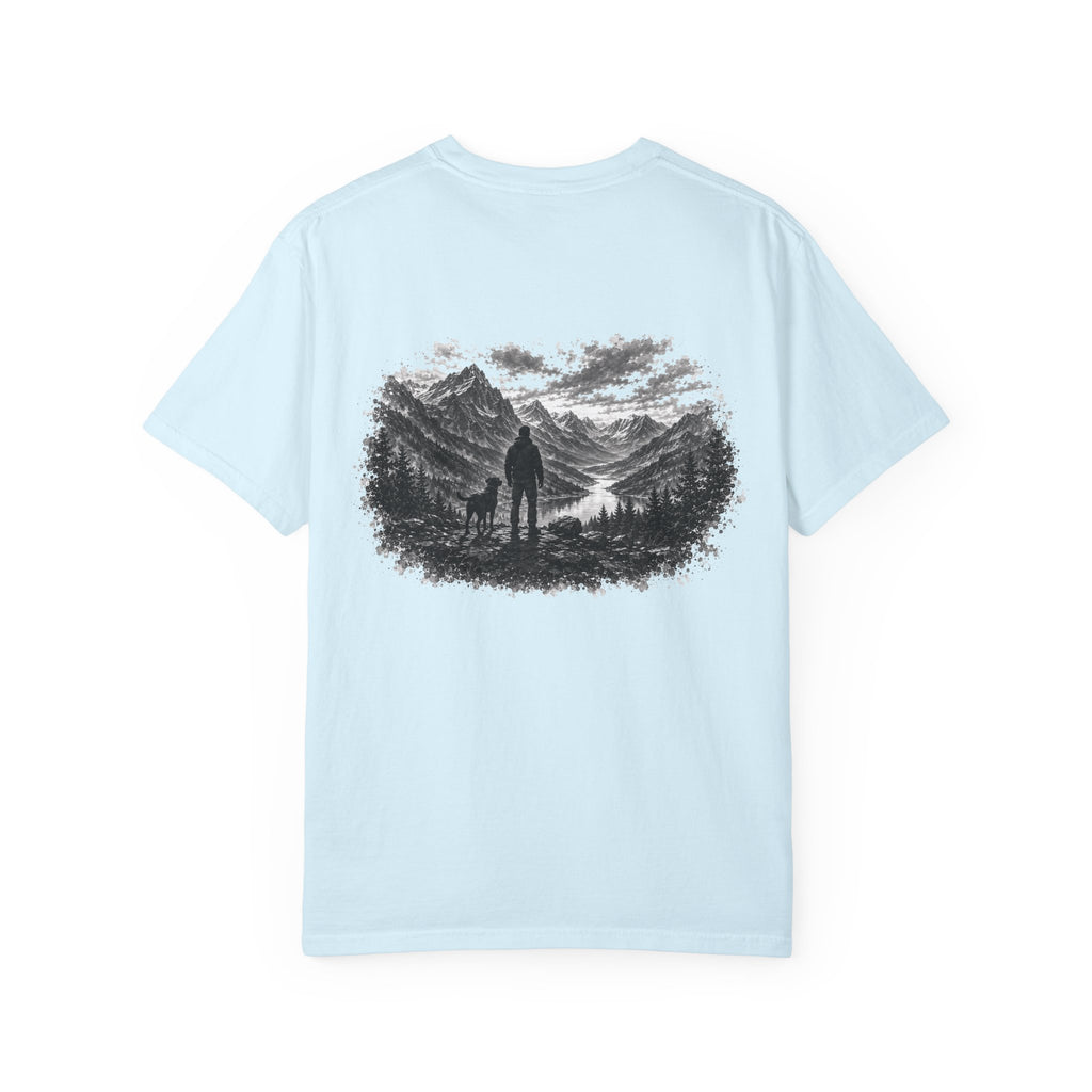 MiSQue Mountain Horizon Labrador T-shirt with man and dog woodland artwork