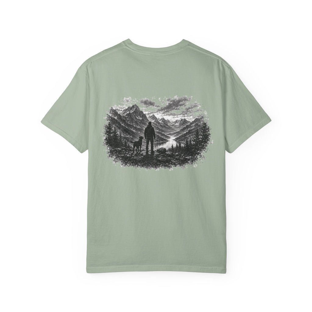 MiSQue Mountain Horizon Labrador T-shirt with man and dog woodland artwork