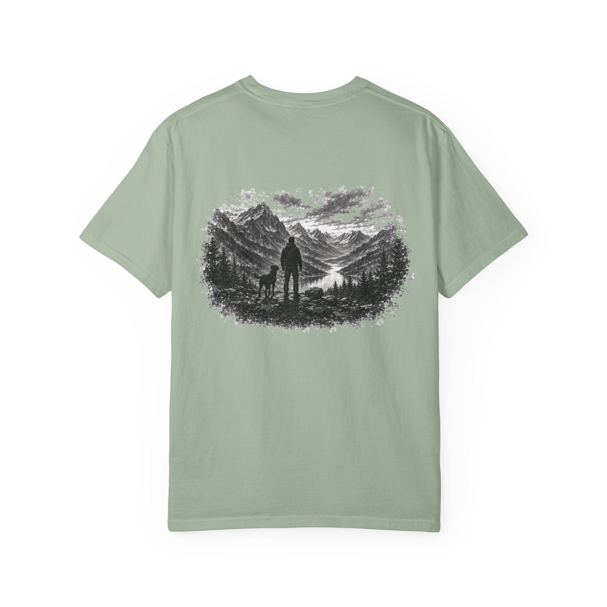 MiSQue Mountain Horizon Labrador T-shirt with man and dog woodland artwork