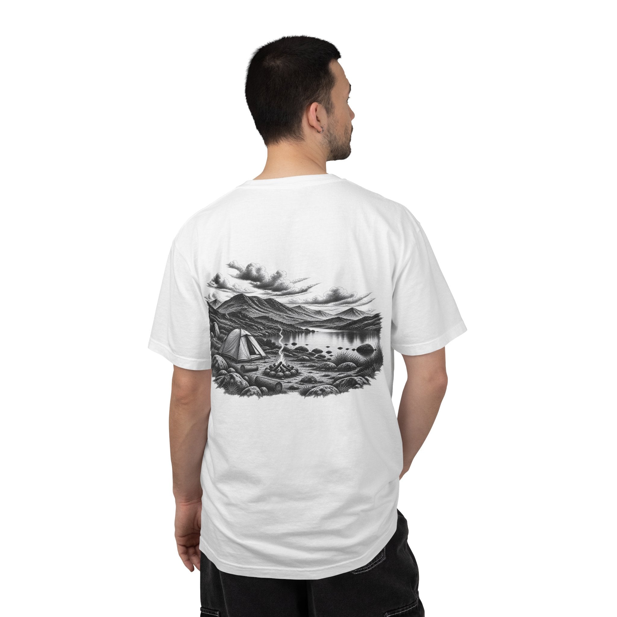 Man wearing MiSQue The Camp T-shirt back view in white
