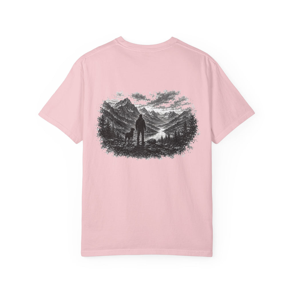 MiSQue Mountain Horizon Labrador T-shirt with man and dog woodland artwork