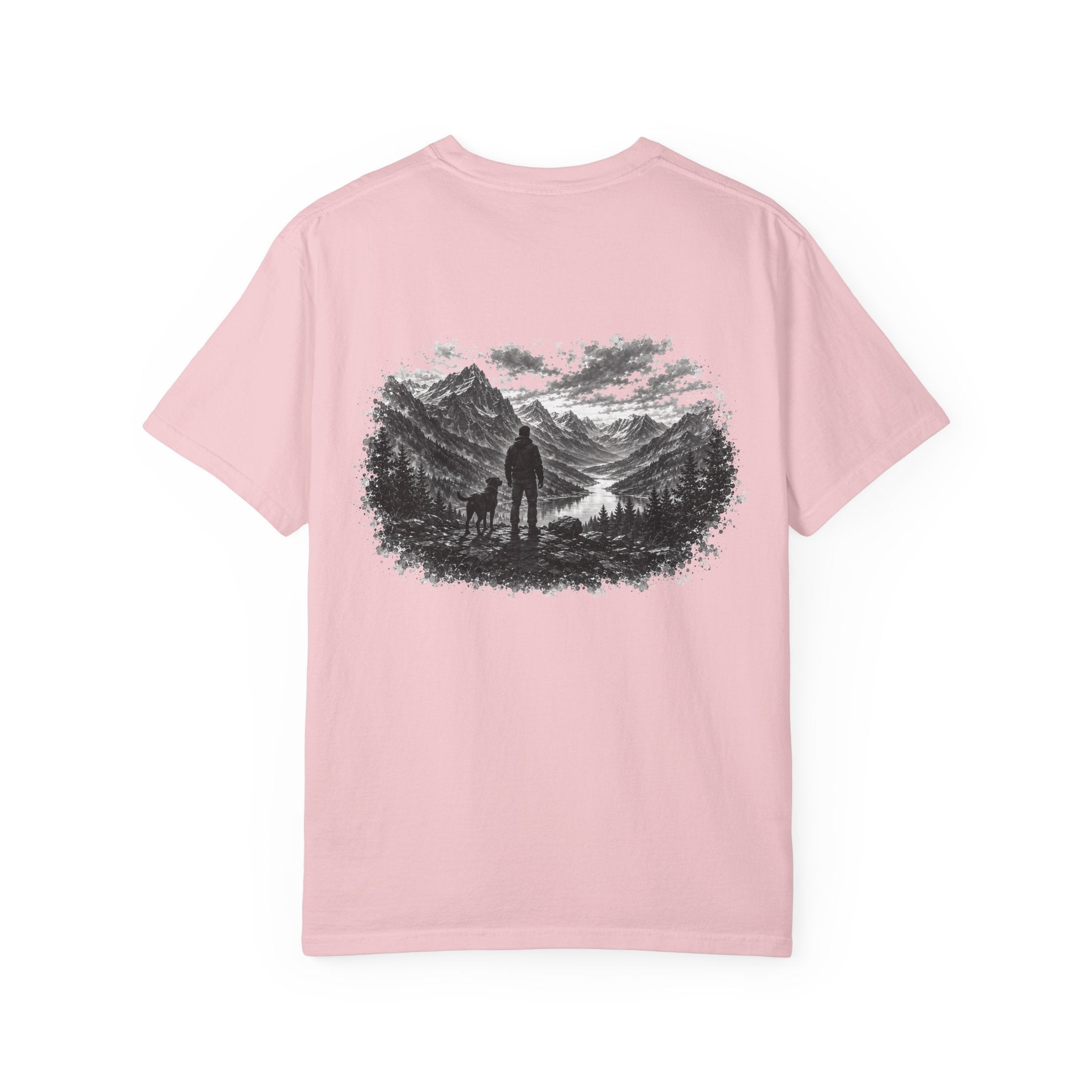 MiSQue Mountain Horizon Labrador T-shirt with man and dog woodland artwork