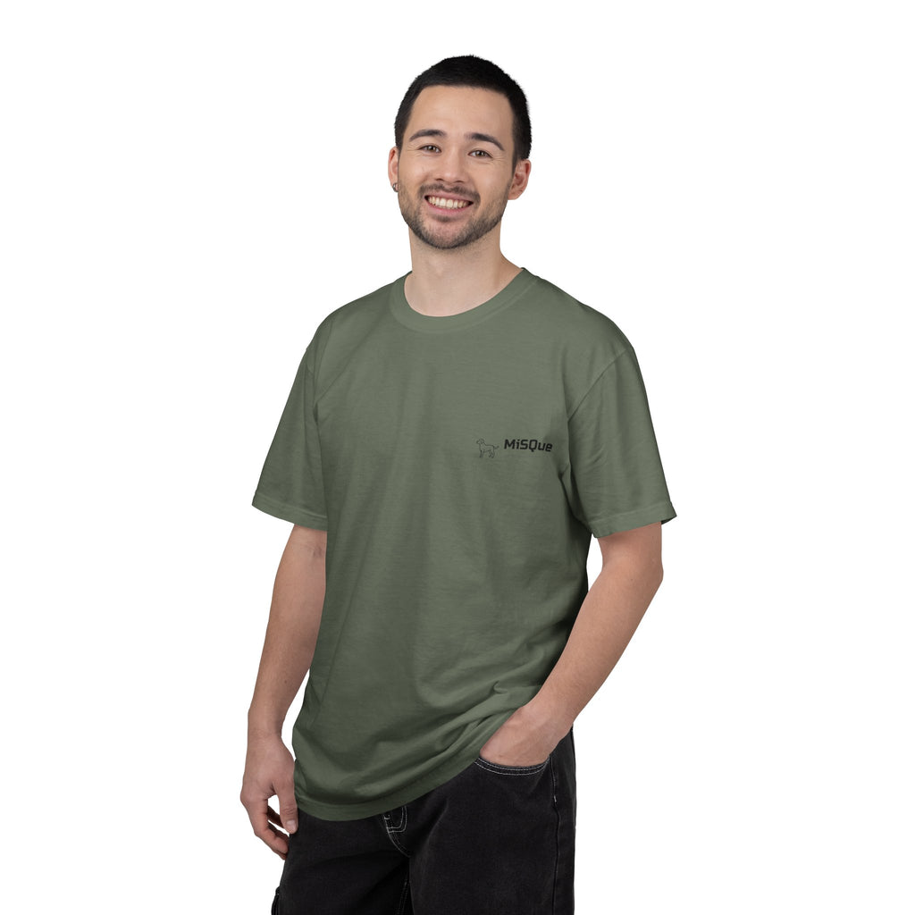 Man wearing MiSQue The Camp T-shirt in dark green