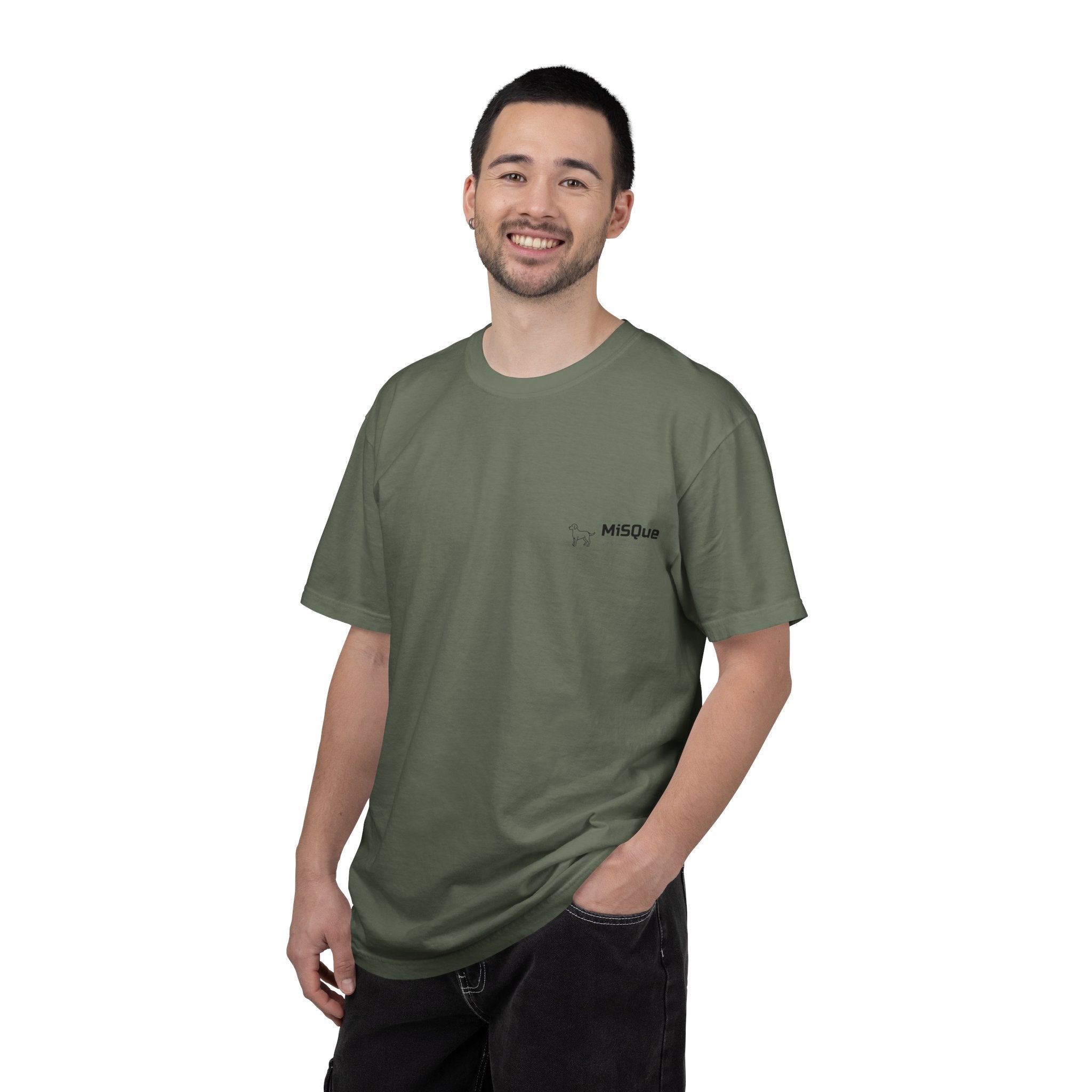 Man wearing MiSQue The Camp T-shirt in dark green