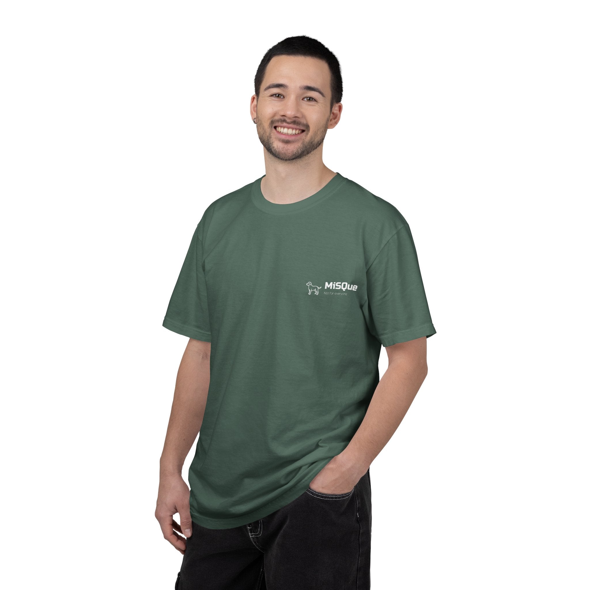 Man wearing MiSQue Coastal Walk T-shirt in green