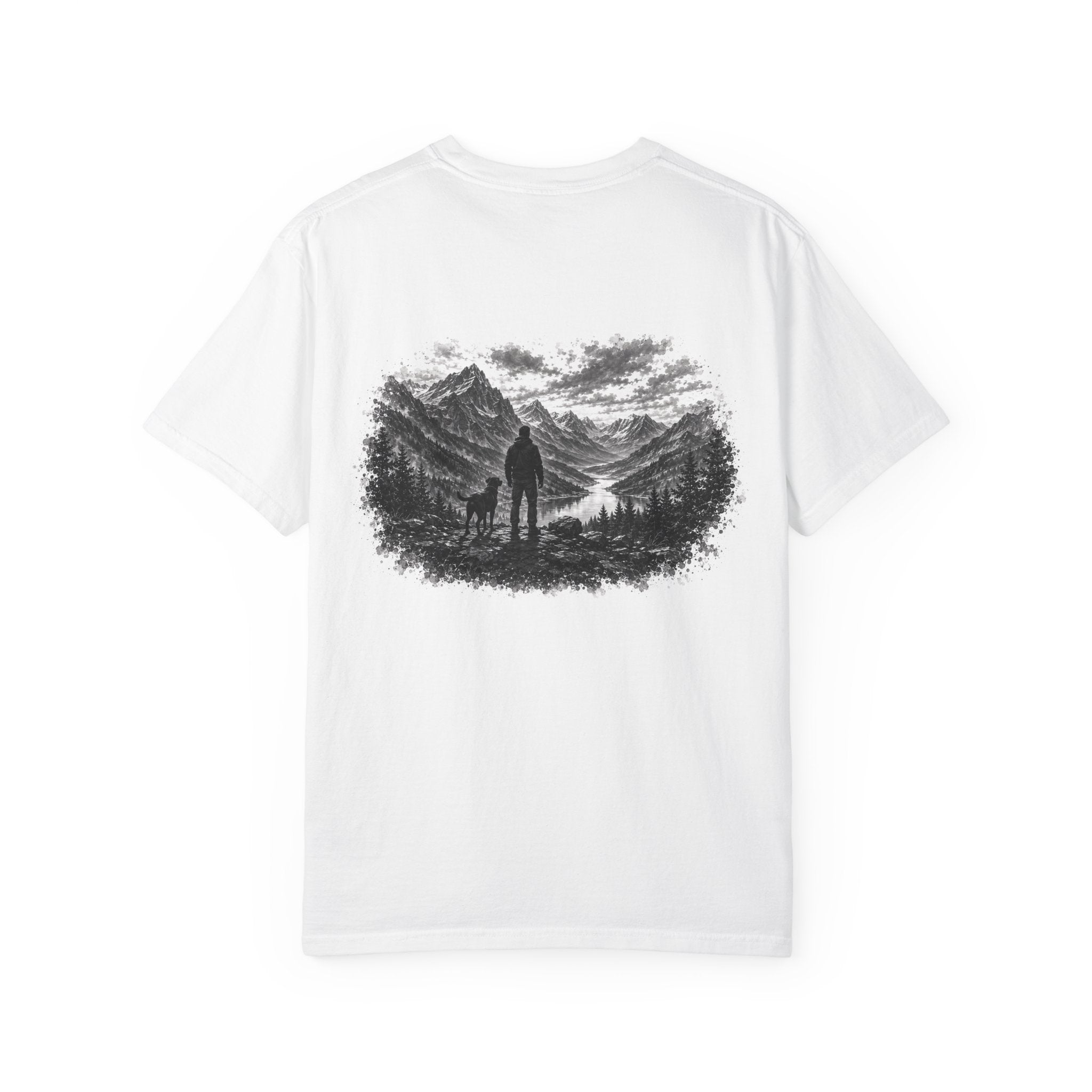 MiSQue Mountain Horizon Labrador T-shirt with man and dog woodland artwork