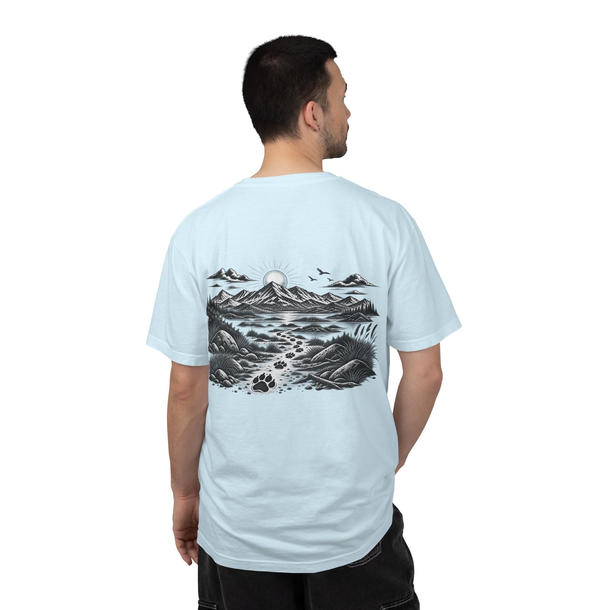 Man wearing MiSQue The Trail T-shirt back view in light blue