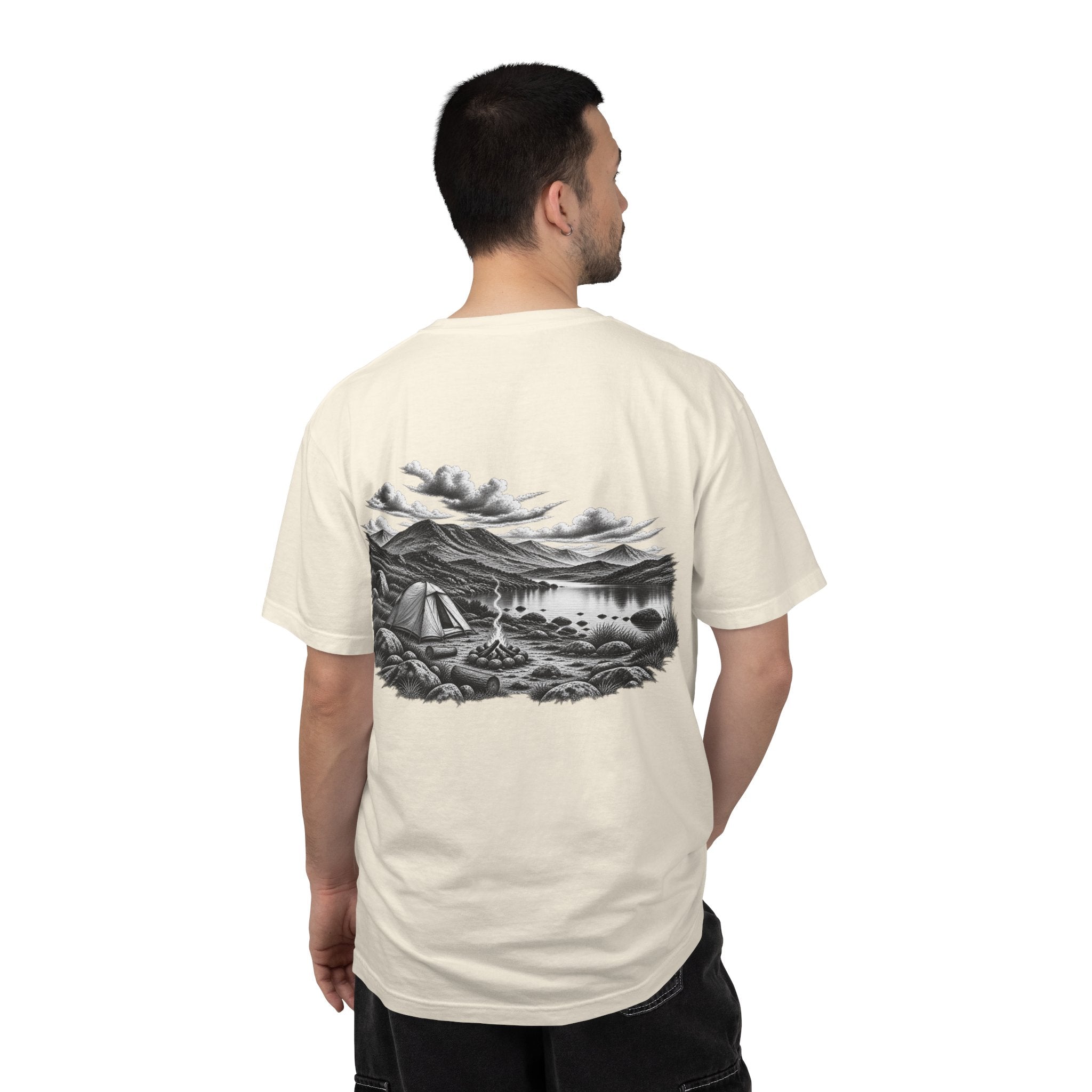 Man wearing MiSQue The Camp T-shirt back view in ivory
