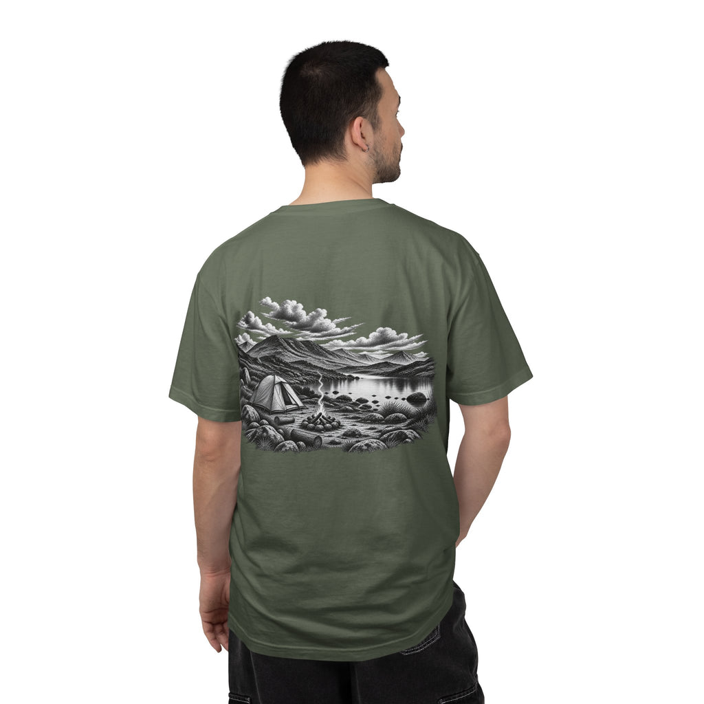 Man wearing MiSQue The Camp T-shirt back view in dark green