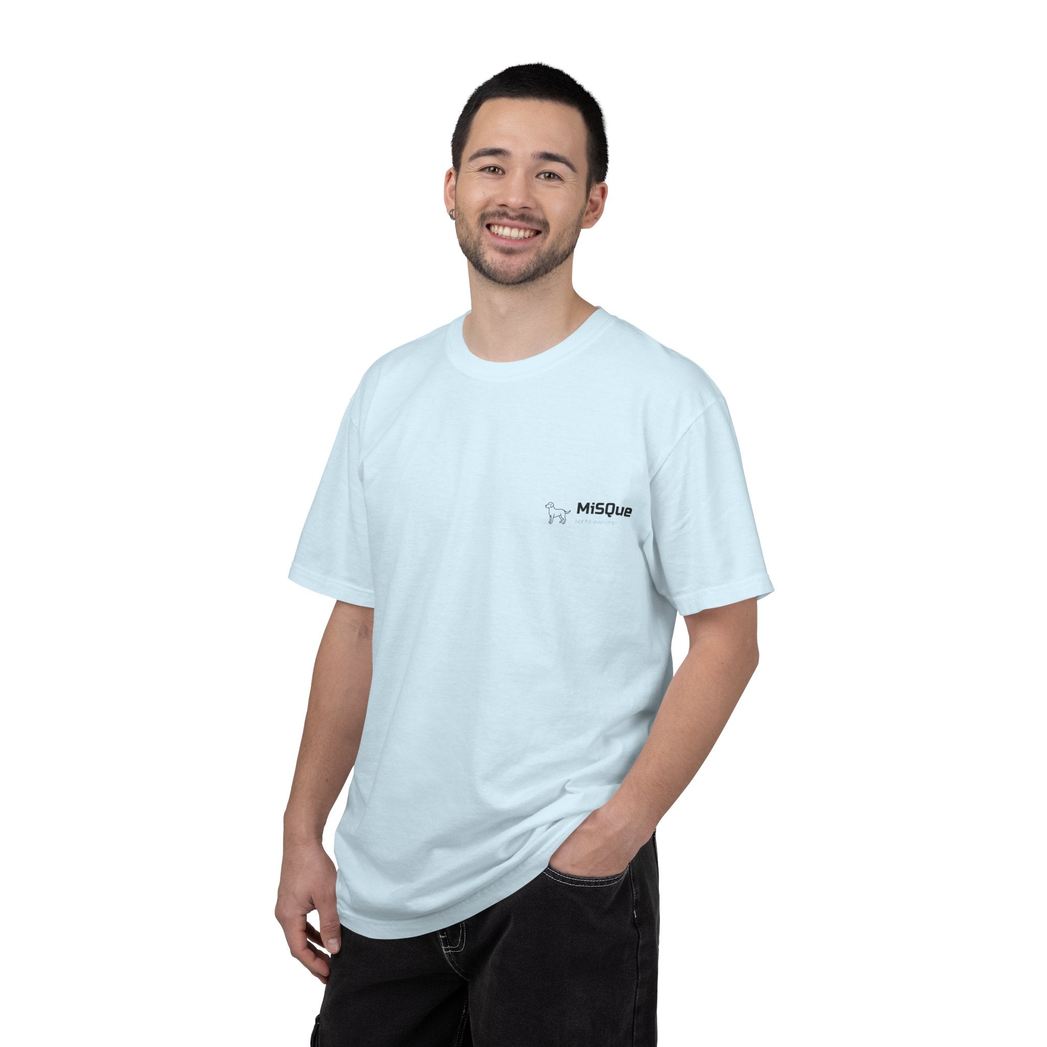 Man wearing MiSQue The Wanderer T-shirt in light blue