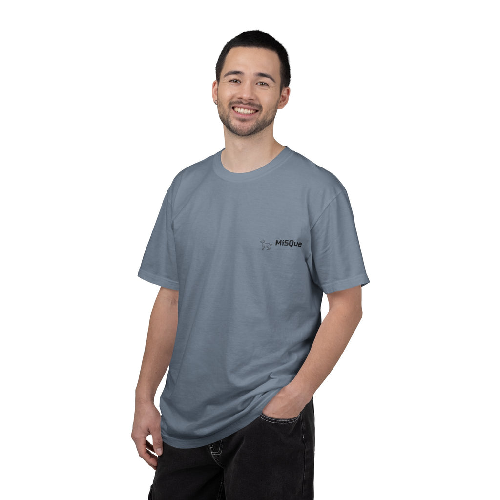 Man wearing MiSQue The Wanderer T-shirt in blue