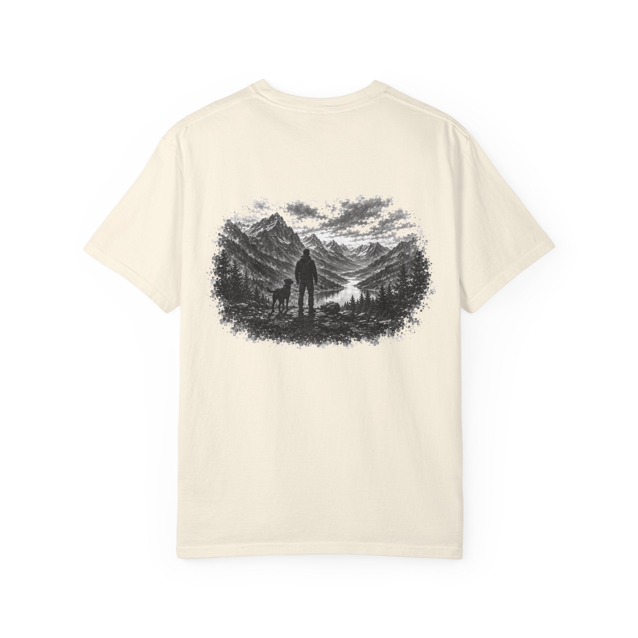 MiSQue Mountain Horizon Labrador T-shirt with man and dog woodland artwork