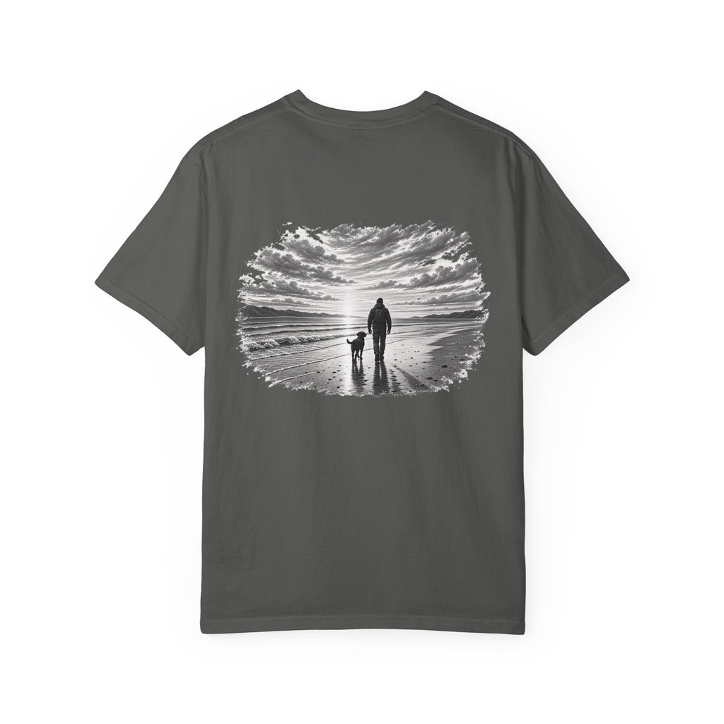MiSQue Open Horizon Labrador T-shirt with man and dog coastal artwork