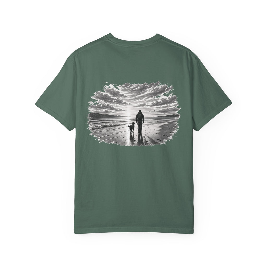 MiSQue Open Horizon Labrador T-shirt with man and dog coastal artwork