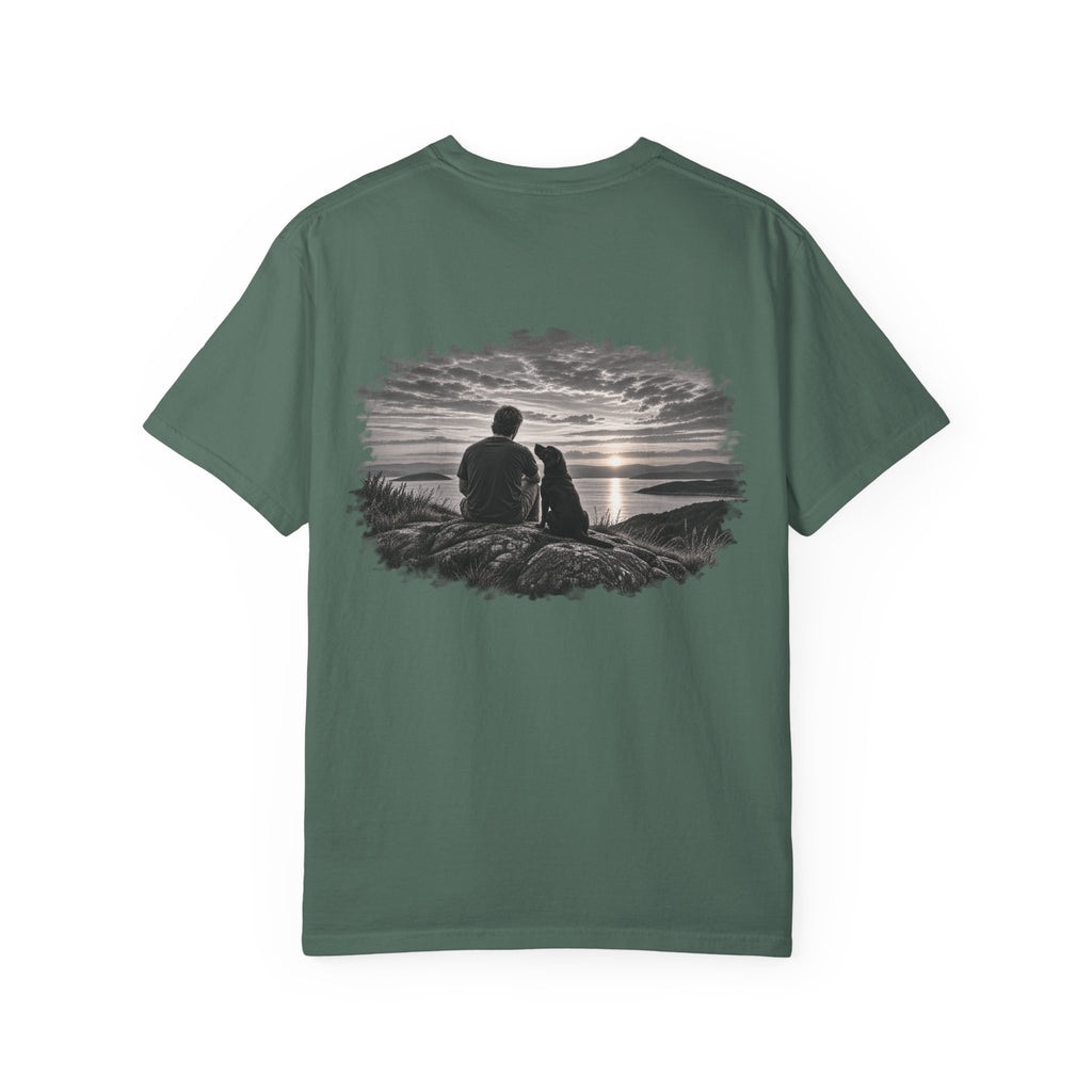 MiSQue The Horizon Labrador T-shirt with man and dog sunset artwork