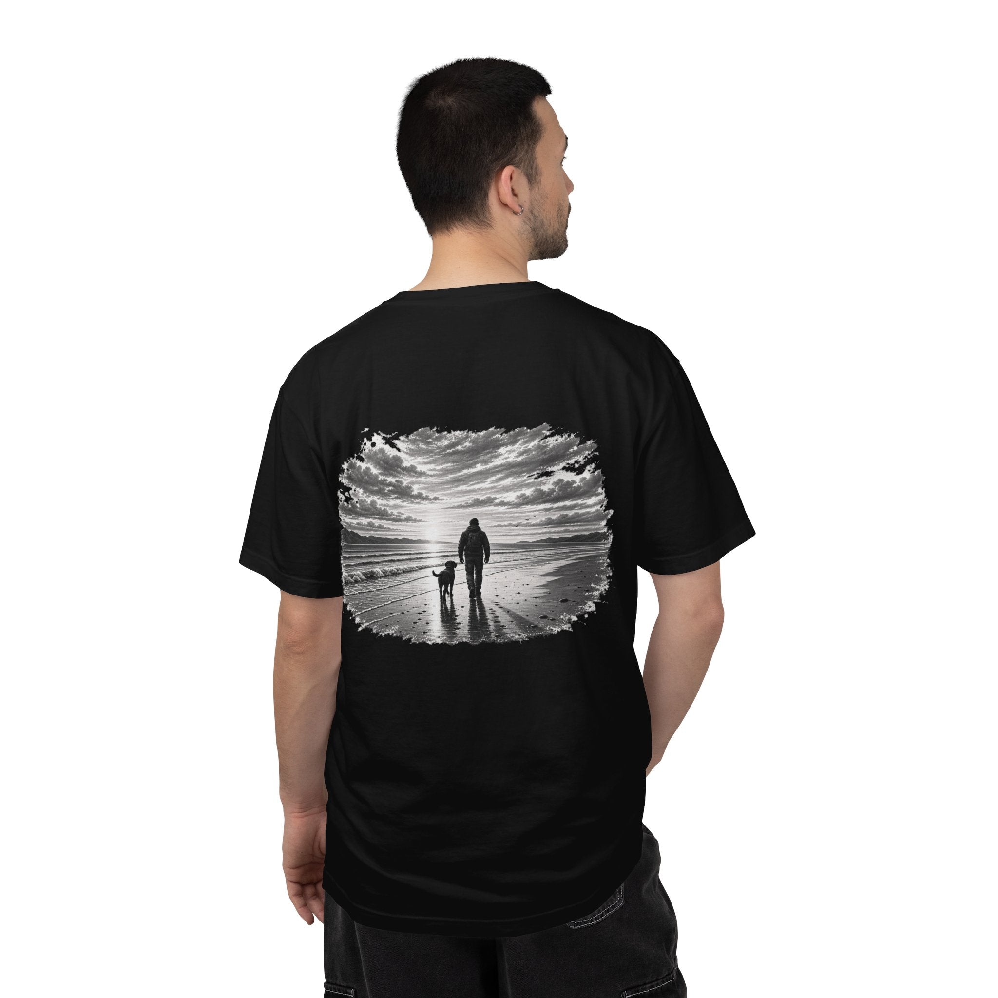 Man wearing MiSQue Open Horizon Labrador T-shirt back view