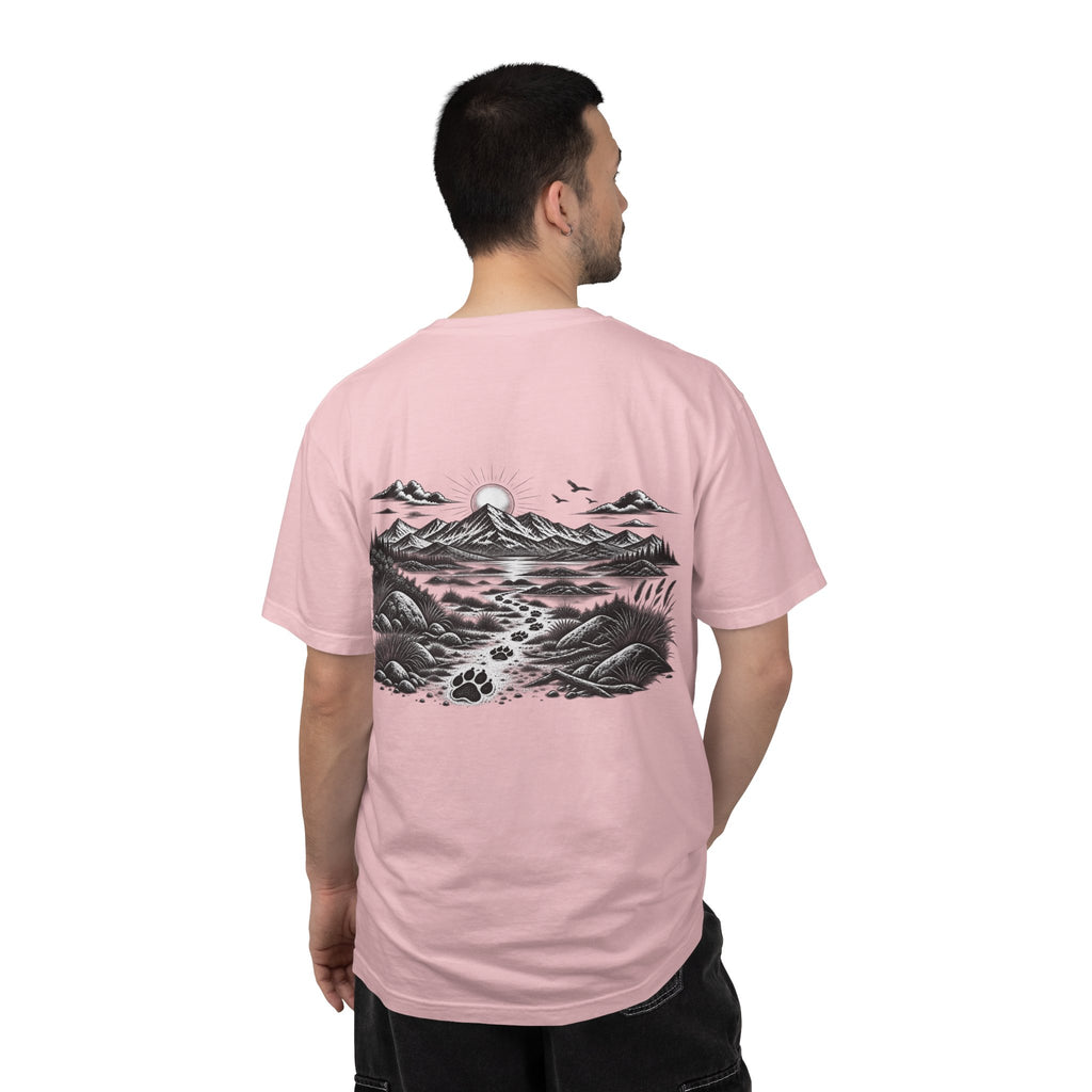 Man wearing MiSQue The Trail T-shirt back view in pink