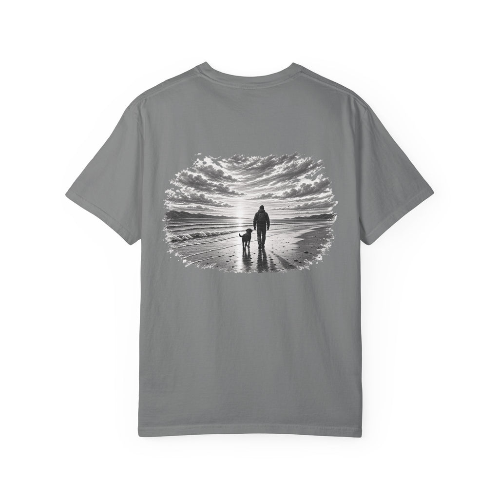 MiSQue Open Horizon Labrador T-shirt with man and dog coastal artwork