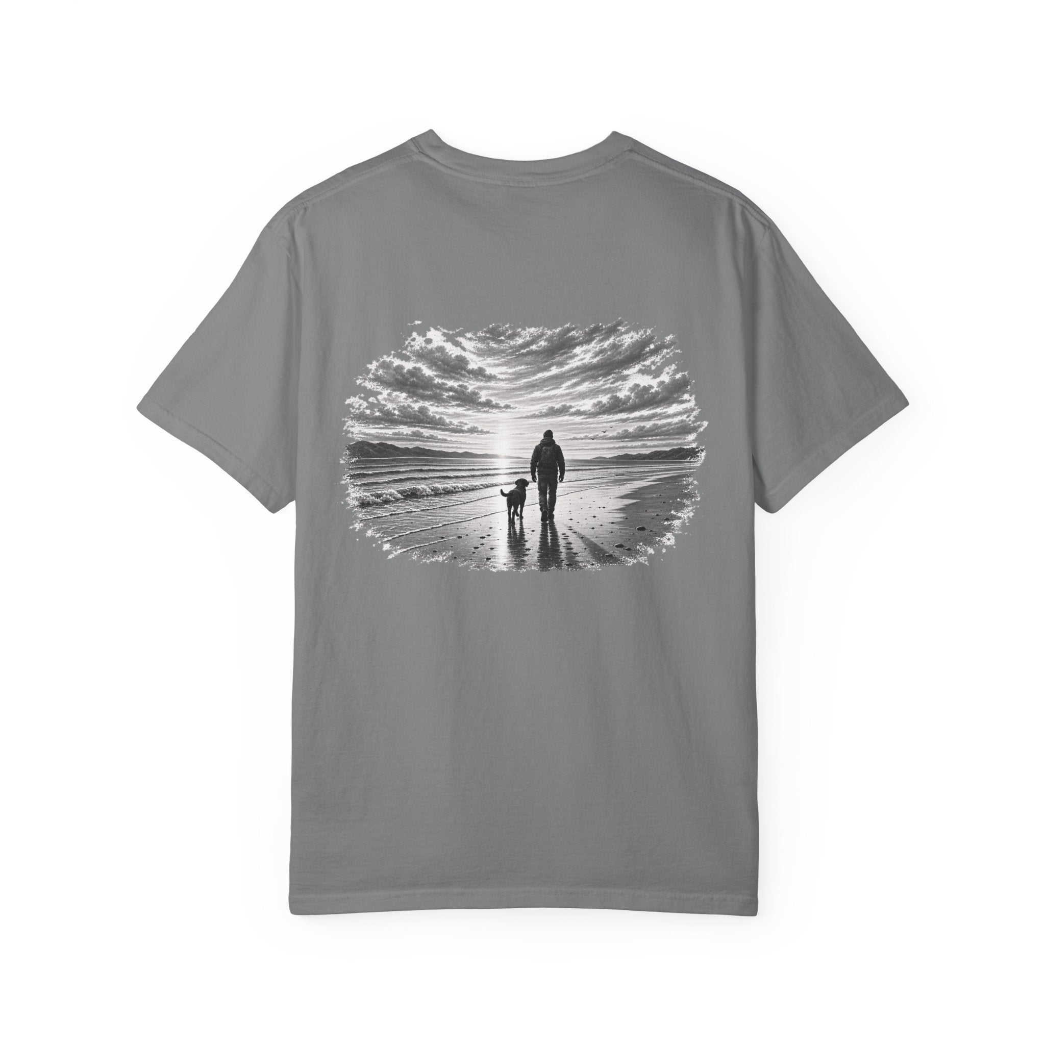 MiSQue Open Horizon Labrador T-shirt with man and dog coastal artwork