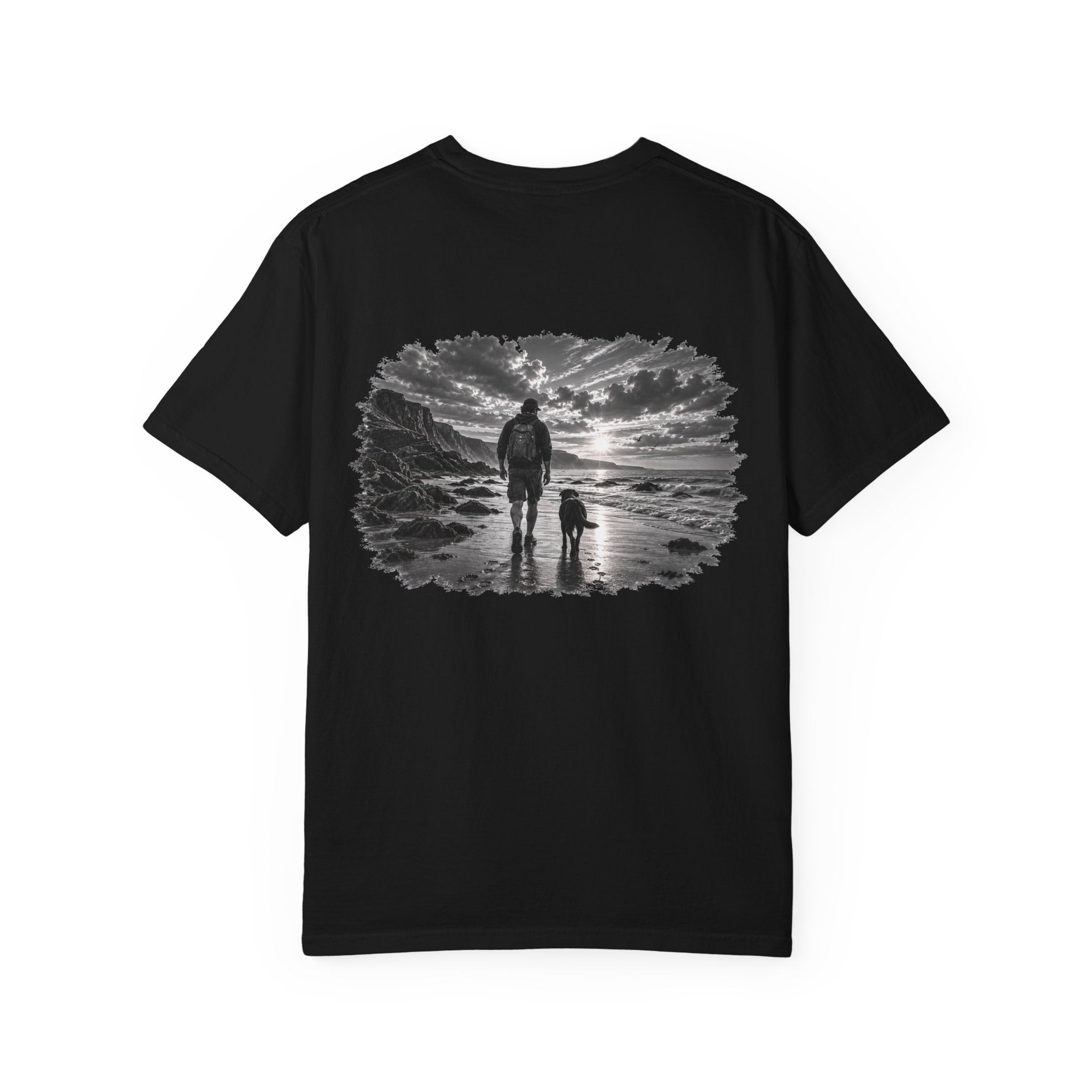 MiSQue Coastal Walk Labrador T-shirt with man and dog coastal artwork