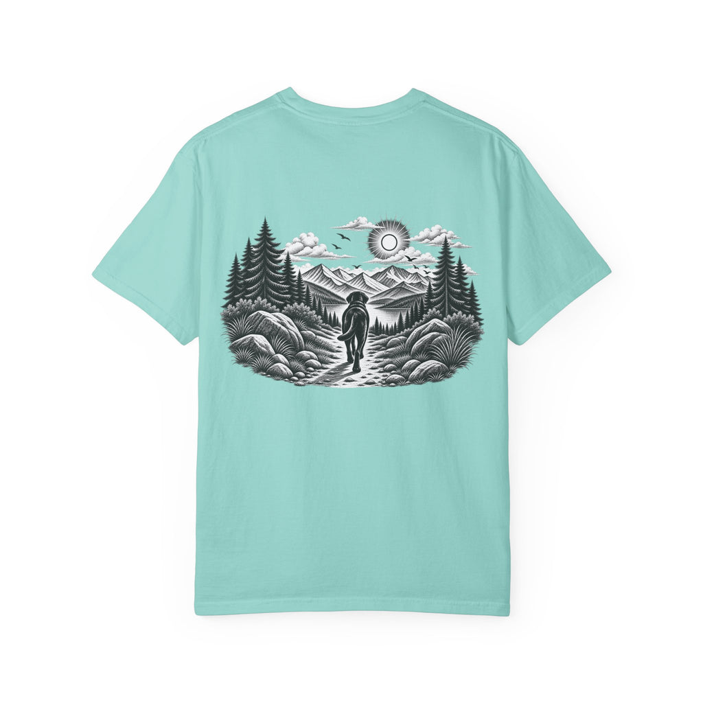 MiSQue The Path Labrador T-shirt with dog walking along a mountain trail