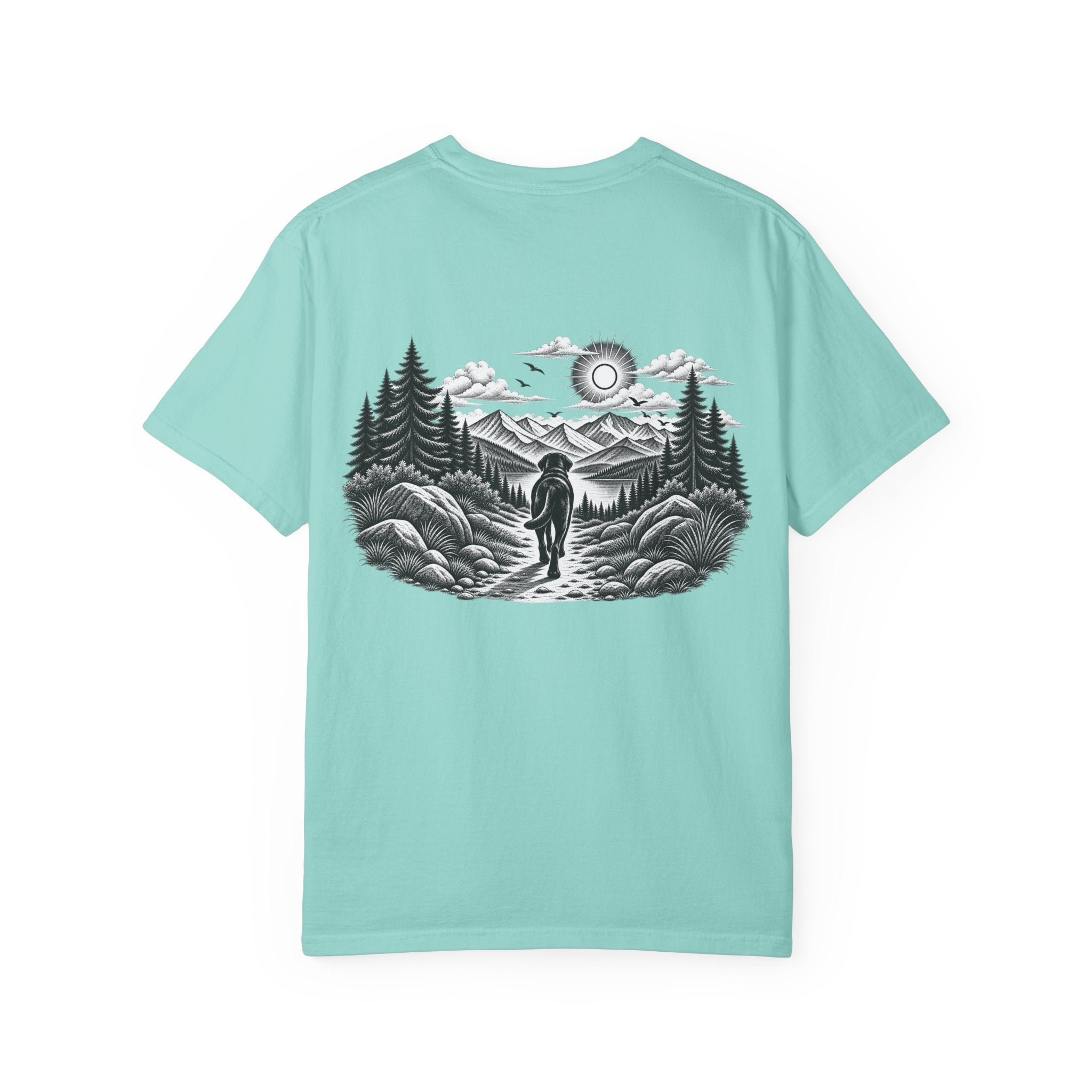 MiSQue The Path Labrador T-shirt with dog walking along a mountain trail