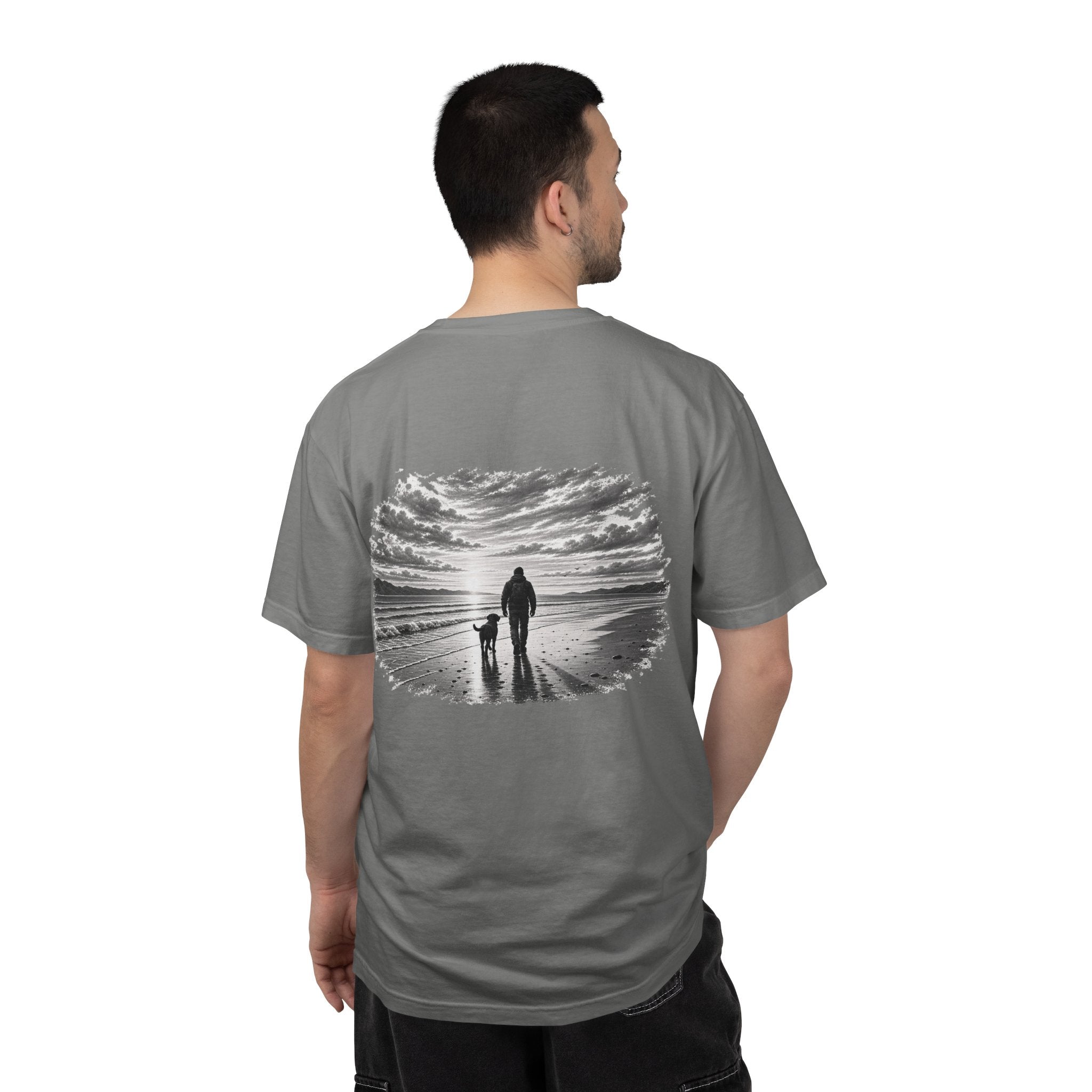 Man wearing MiSQue Open Horizon Labrador T-shirt back view