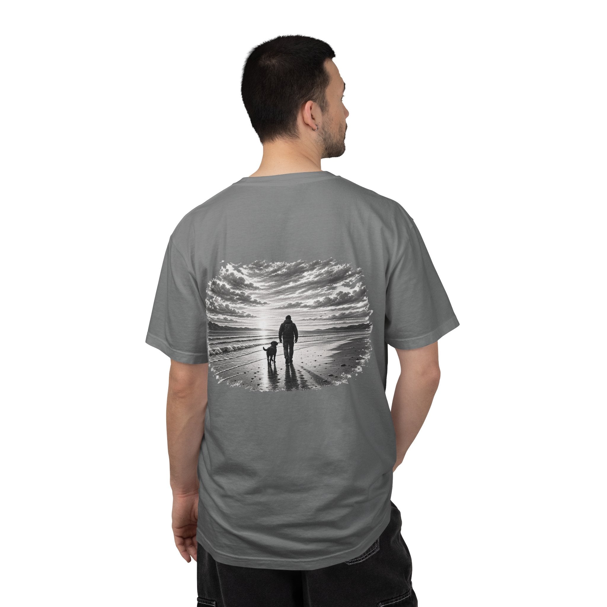 Man wearing MiSQue Open Horizon Labrador T-shirt back view