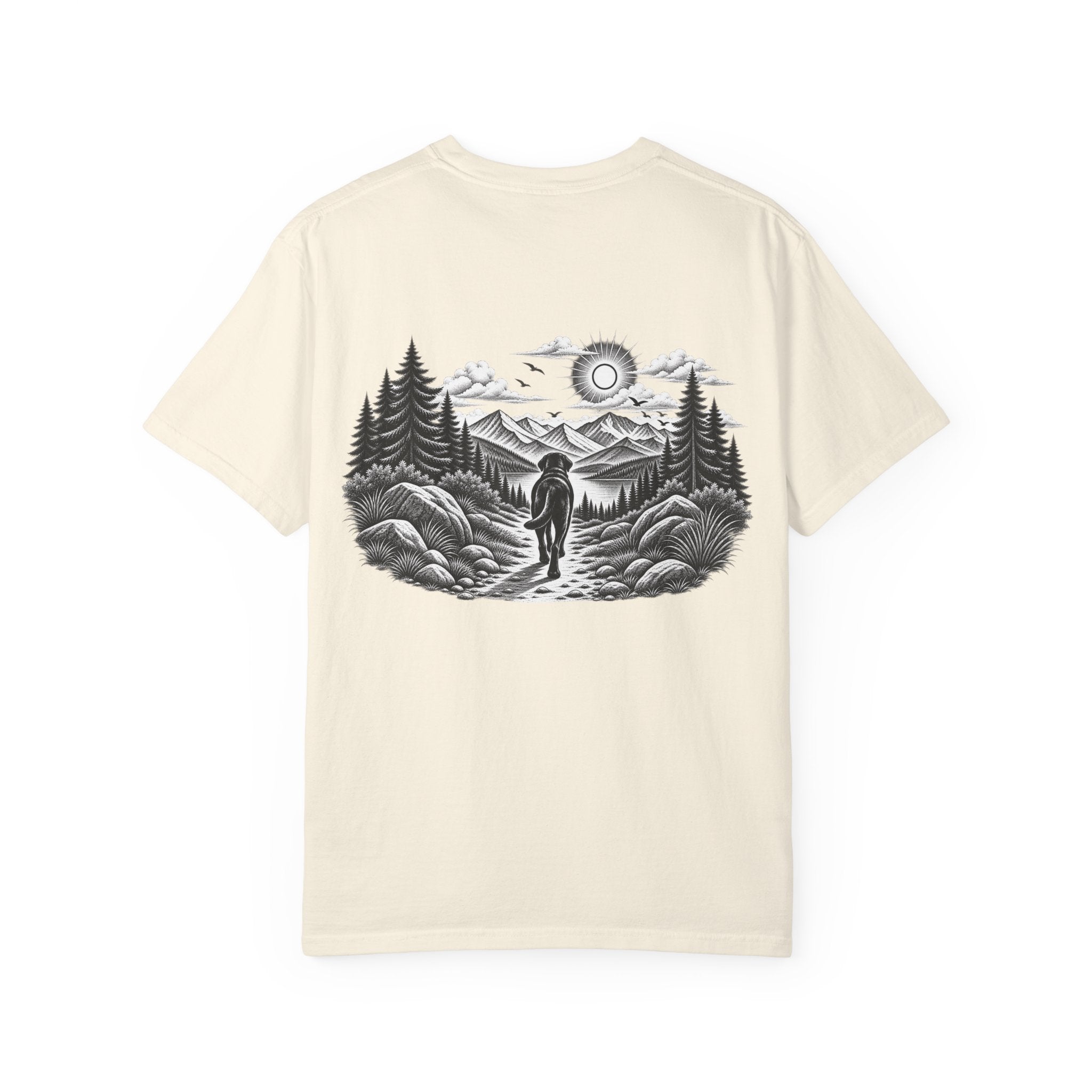 MiSQue The Path Labrador T-shirt with dog walking along a mountain trail