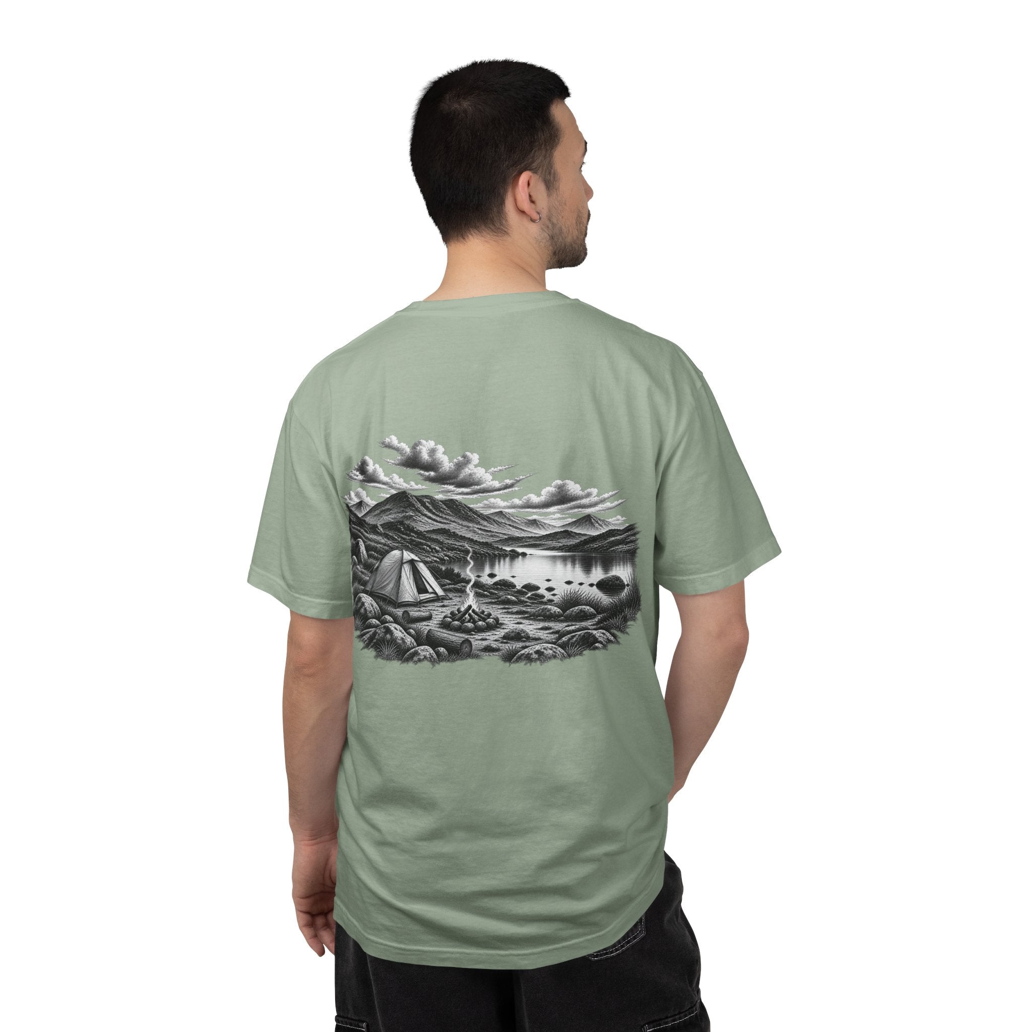 Man wearing MiSQue The Camp T-shirt back view in sage green