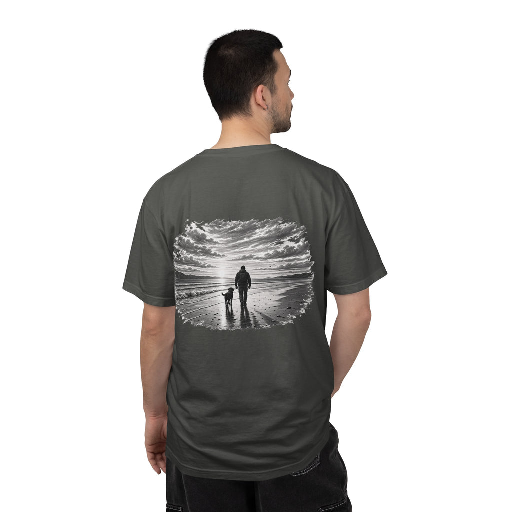 Man wearing MiSQue Open Horizon Labrador T-shirt back view