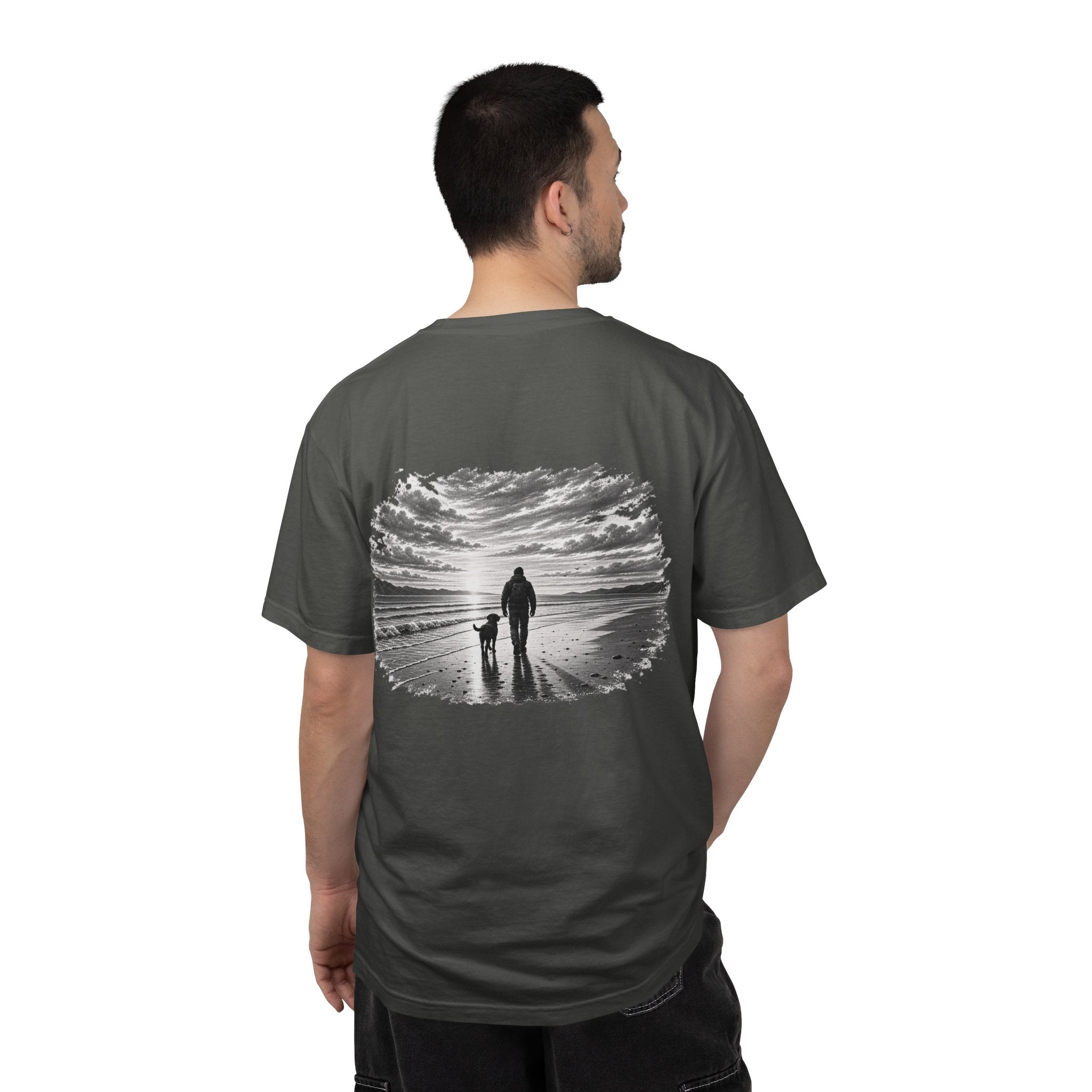 Man wearing MiSQue Open Horizon Labrador T-shirt back view