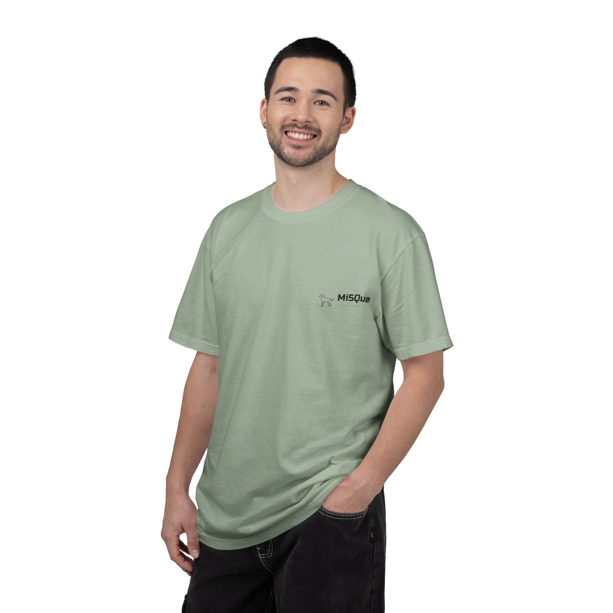 Man wearing MiSQue The Camp T-shirt in sage green