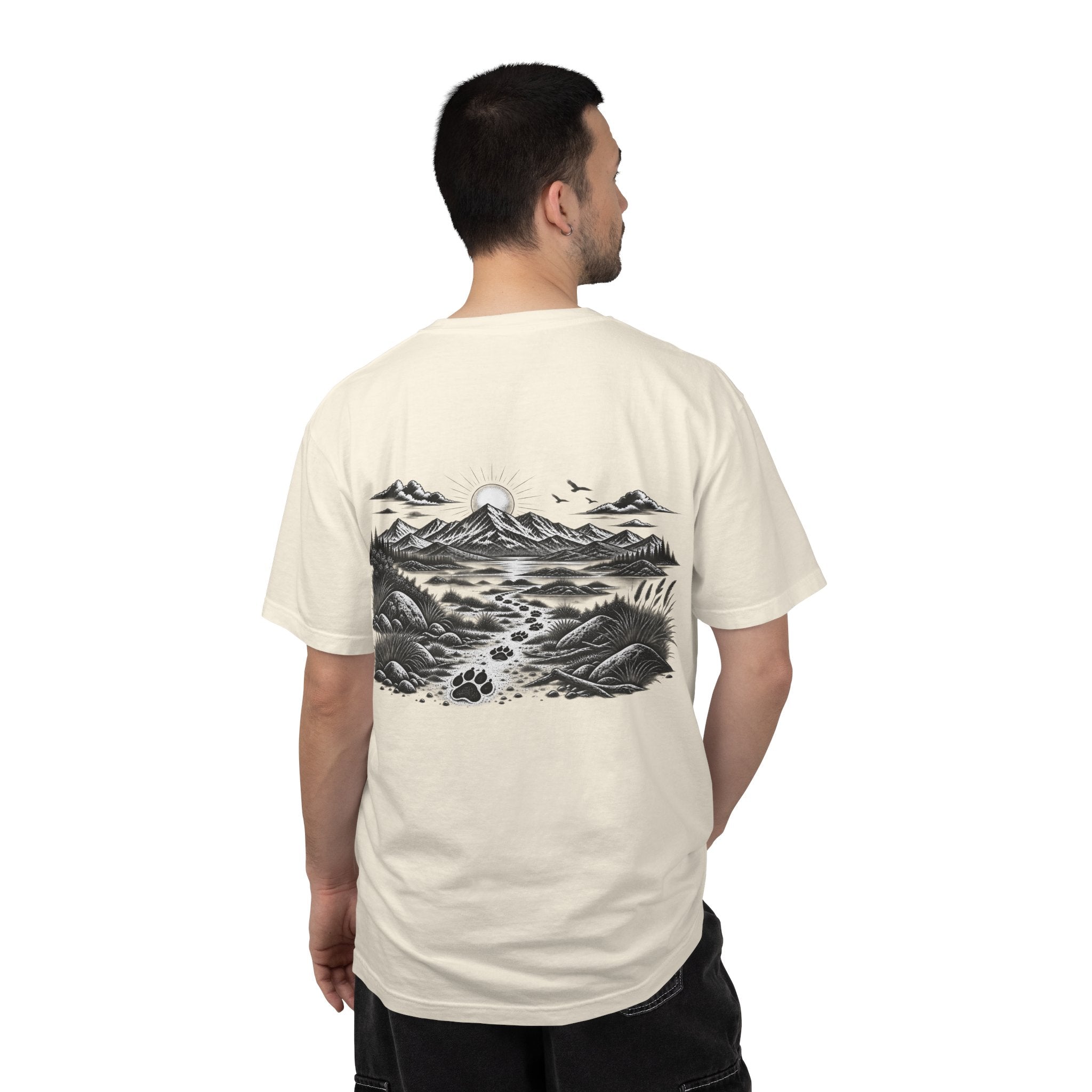 Man wearing MiSQue The Trail T-shirt back view in ivory