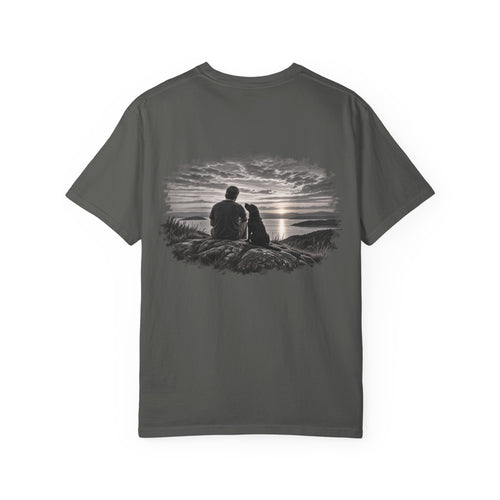MiSQue The Horizon Labrador T-shirt with man and dog sunset artwork