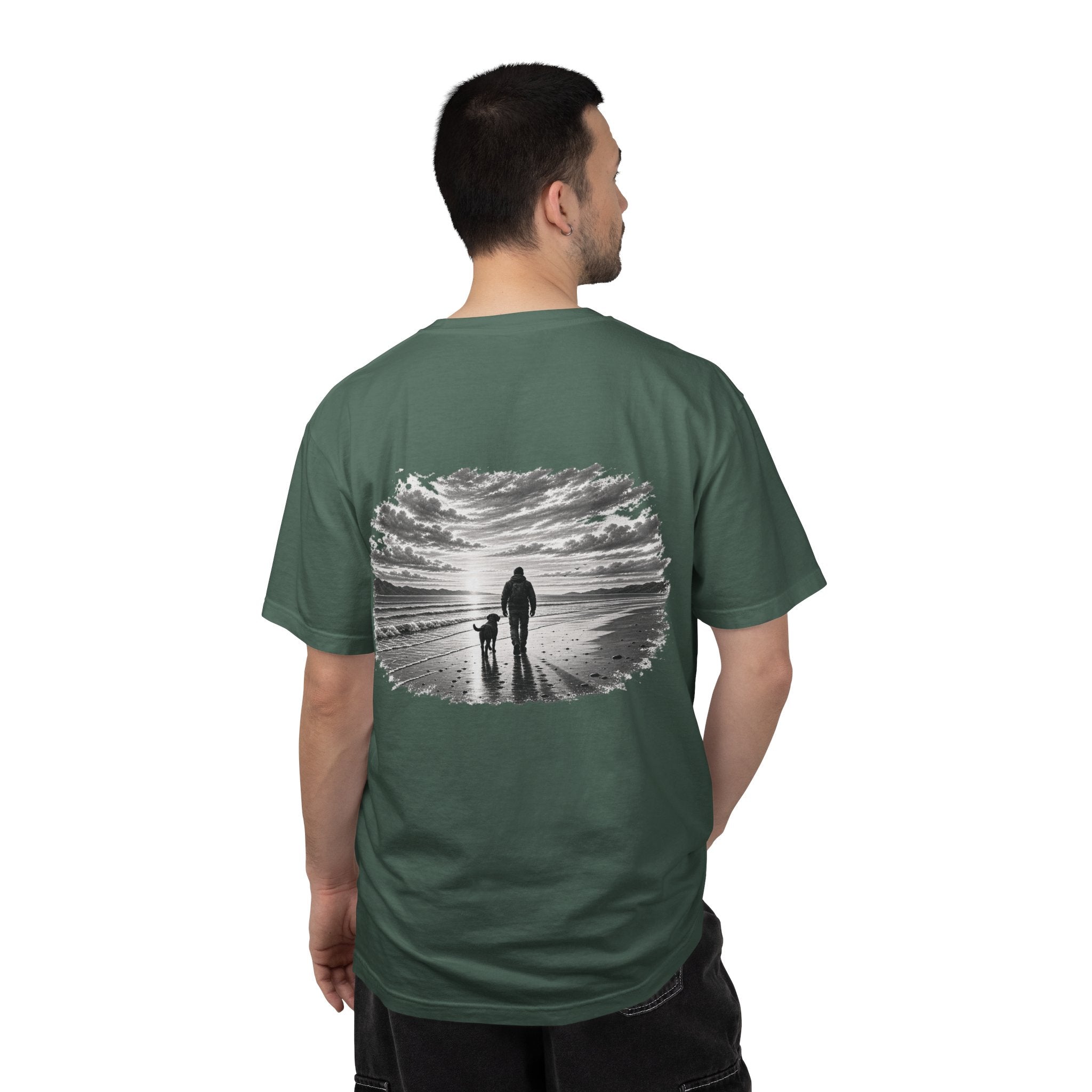 Man wearing MiSQue Open Horizon Labrador T-shirt back view