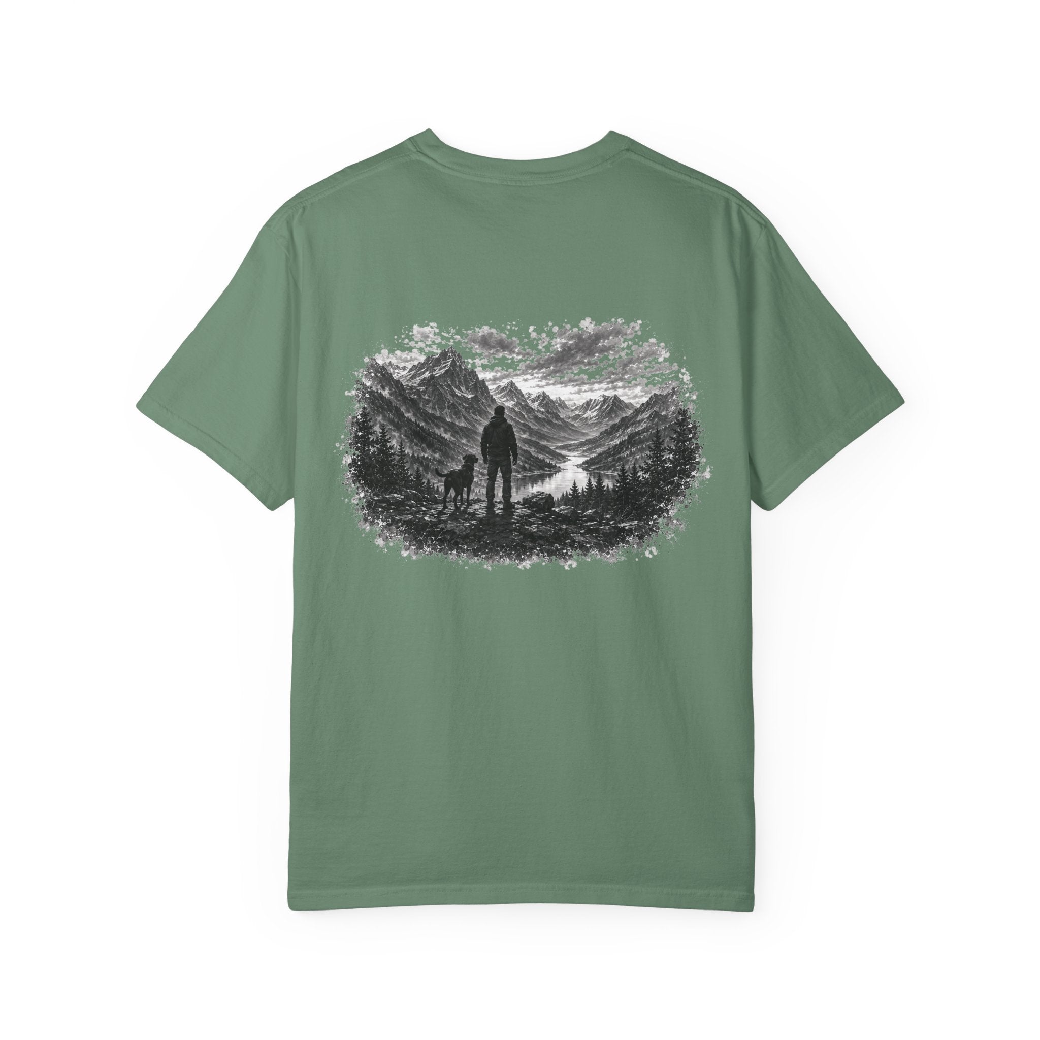 MiSQue Mountain Horizon Labrador T-shirt with man and dog woodland artwork