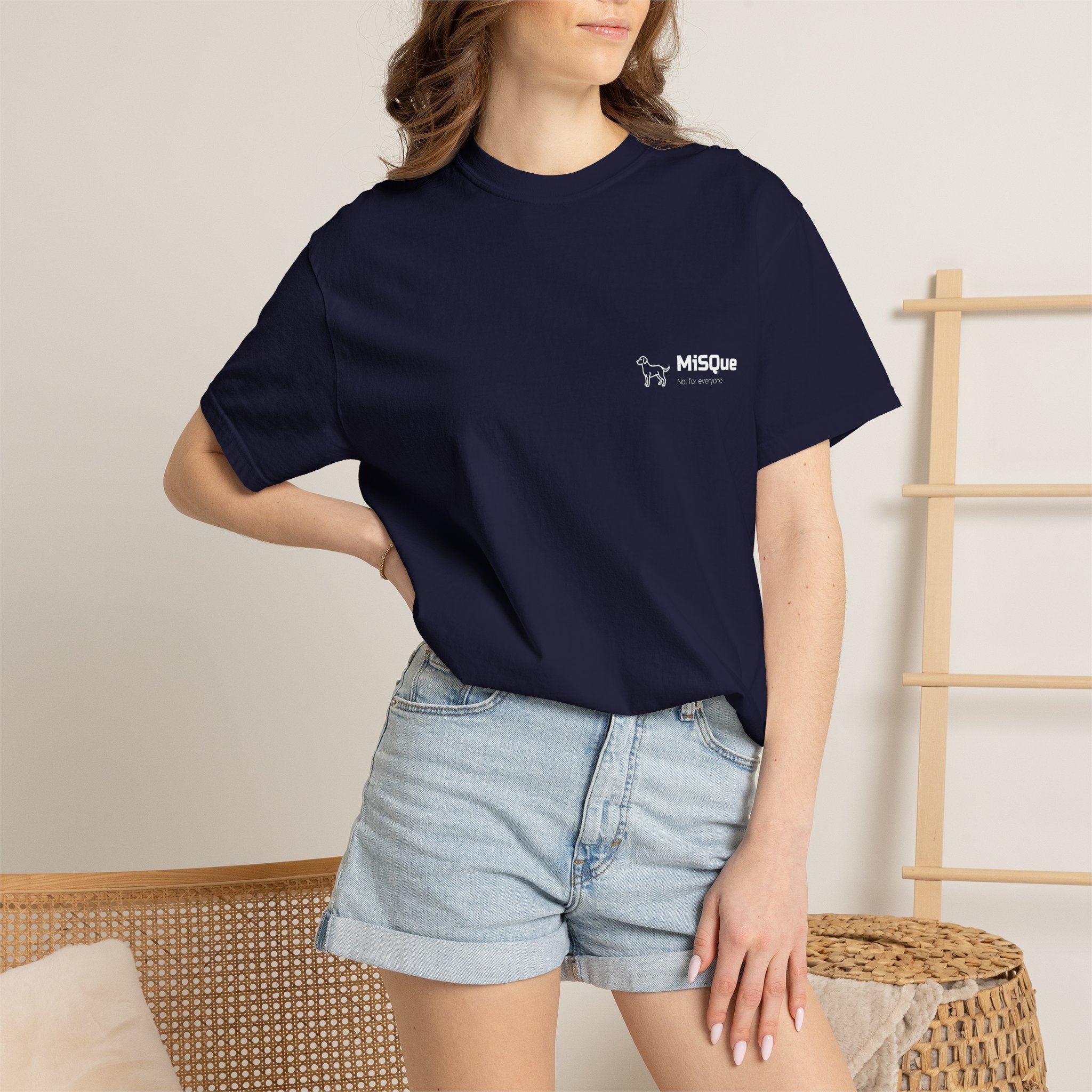 Woman wearing MiSQue The Horizon T-shirt in navy