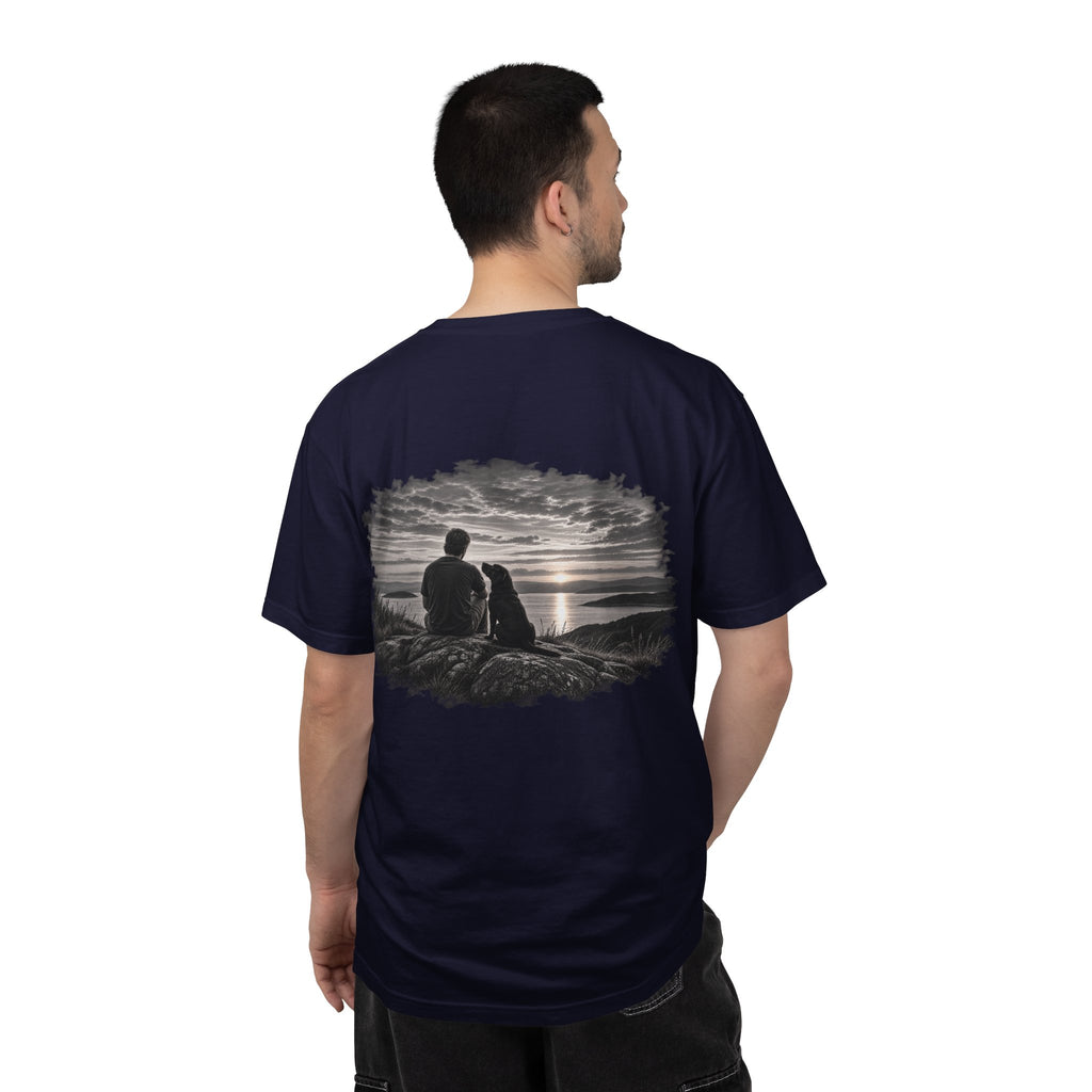 Man wearing MiSQue The Horizon Labrador T-shirt back view in navy