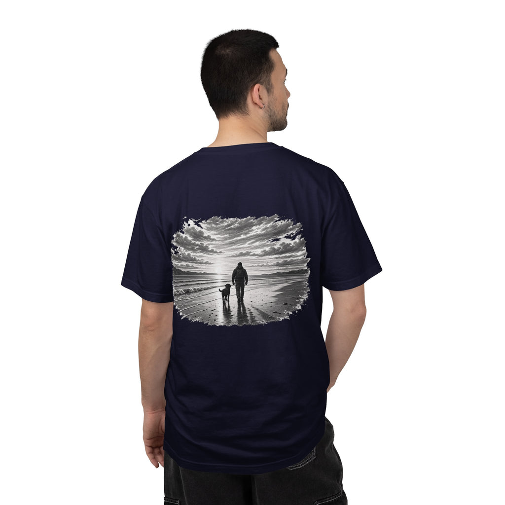 Man wearing MiSQue Open Horizon Labrador T-shirt back view