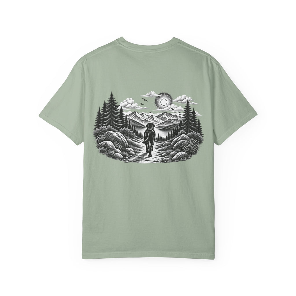 MiSQue The Path Labrador T-shirt with dog walking along a mountain trail